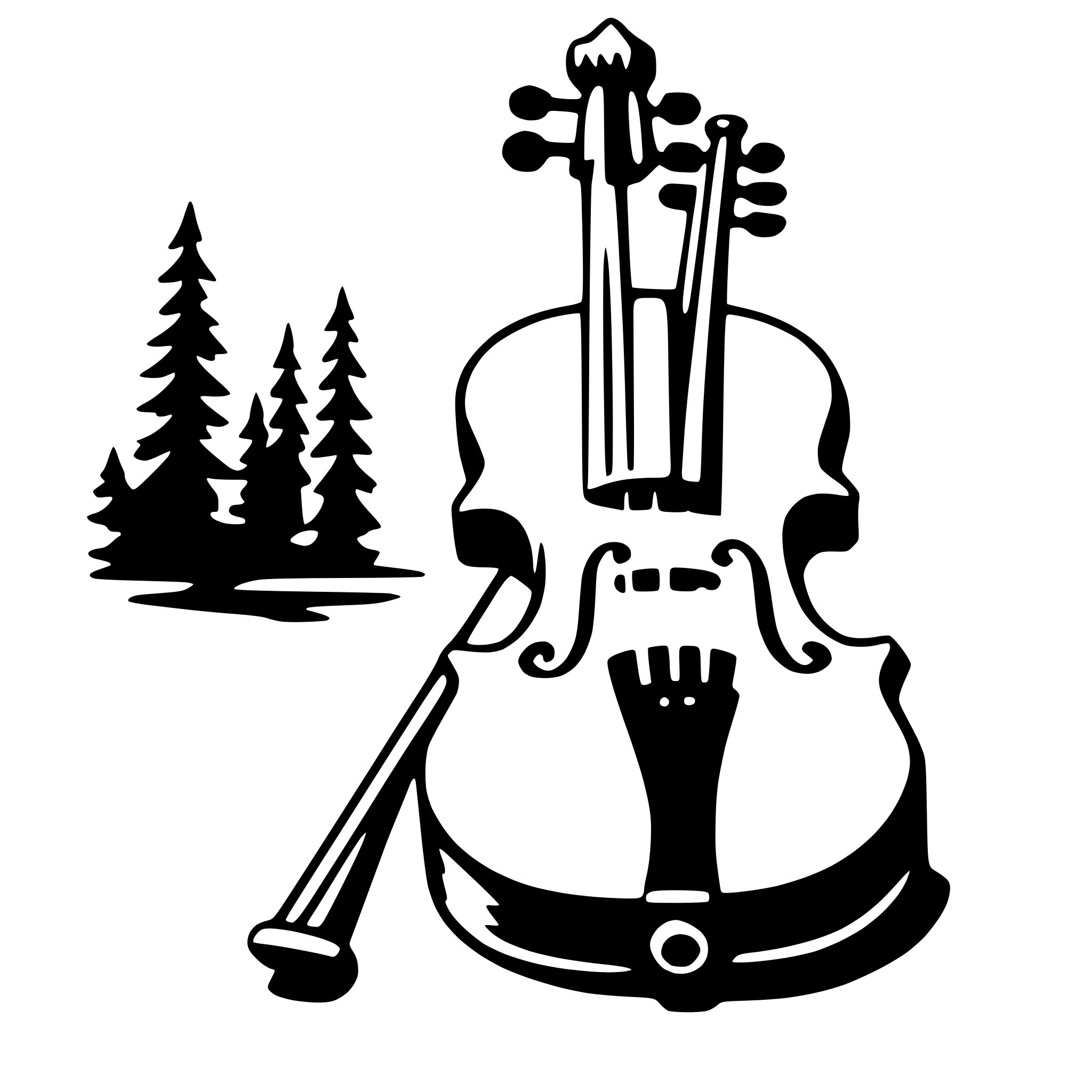 The SVG features a violin, a bow, and a silhouette of a forest. The violin is depicted in a stylized manner with its body, neck, and strings clearly visible. The bow is positioned to the right of the violin, with its handle pointing towards the violin's body and its hair extending towards the strings. The forest silhouette is situated behind the violin, with the trees appearing to be in the distance. The overall style of the SVG is simple and graphic, with no additional text or embellishments. The violin and bow are the central focus of the SVG, with the forest serving as a backdrop. 