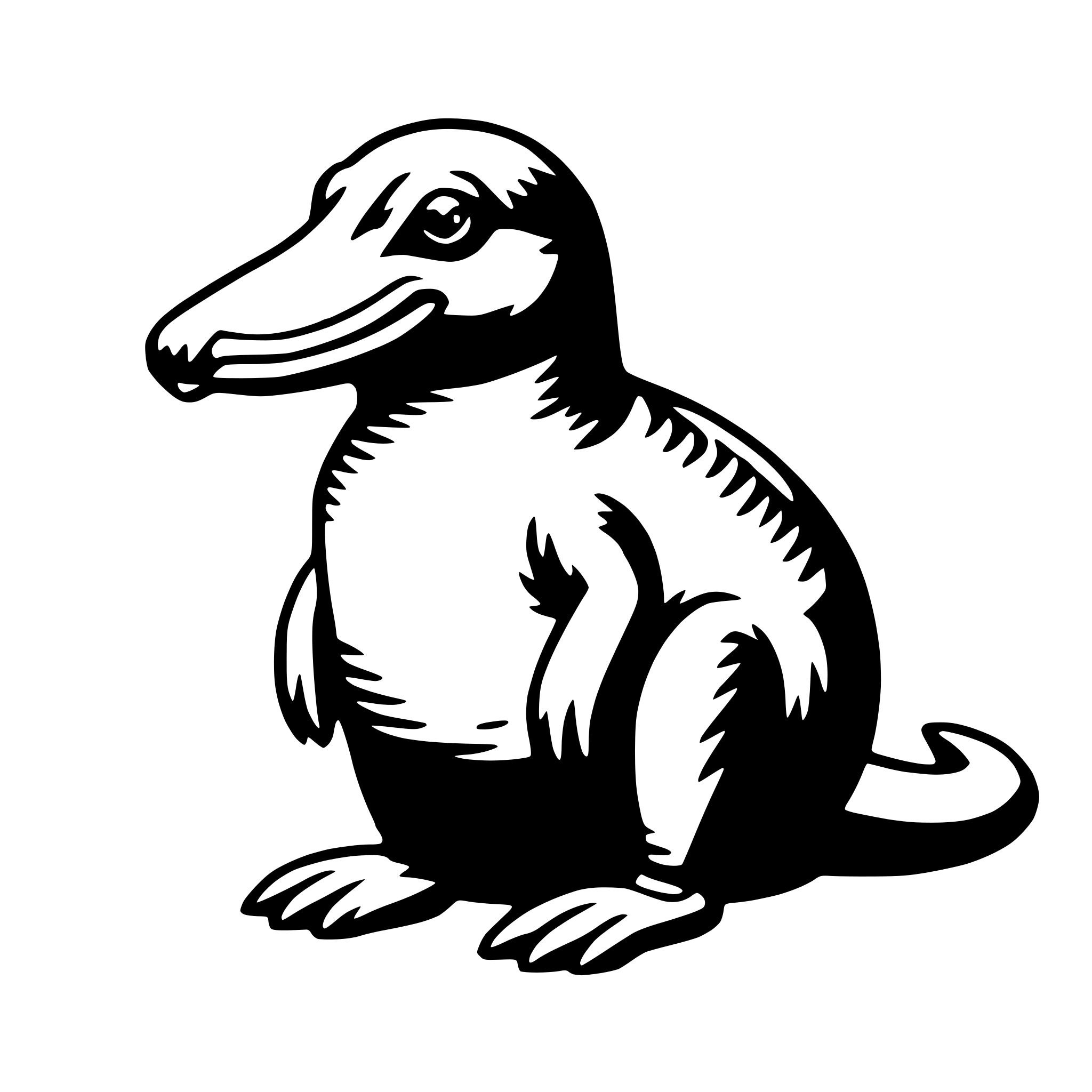 The SVG depicts a stylized cartoon of a duck. The duck is standing upright with its head turned to the side, giving a profile view. It has a large, round body, a long neck, and a small head with a beak. The duck's feet are webbed and are positioned on the ground. The tail is short and curved. The SVG is simple and uses solid lines and shapes to define the duck's features. There is no interaction between objects as the duck is the sole subject in the SVG. 