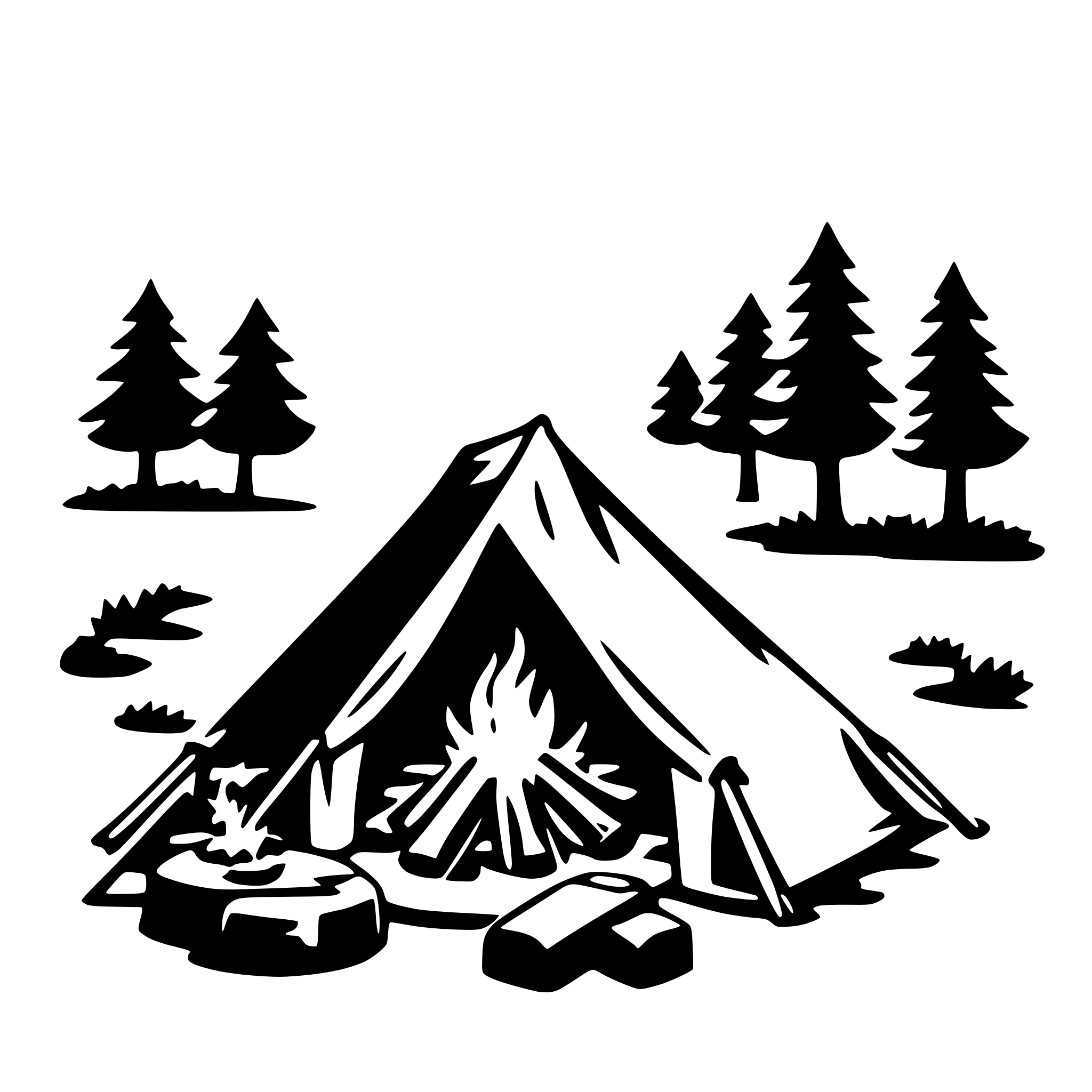 The SVG depicts a simple, stylized camping scene. At the center is a tent with a pointed roof, suggesting a traditional or dome-style tent. In front of the tent, there is a campfire with flames and smoke rising from it, indicating that it is lit. To the left of the tent, there is a pot, possibly for cooking, and to the right, there is a sleeping bag or a similar type of bedding. The background features silhouettes of trees and a small body of water, which could be a lake or a stream. The overall impression is of a basic, outdoor camping setup. 