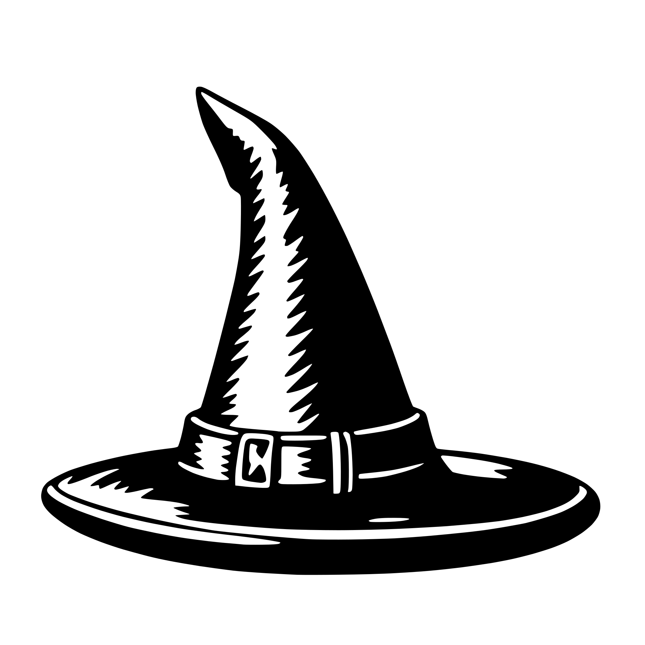 The SVG shows a stylized black and white illustration of a witch's hat. The hat is pointed at the top and has a wide brim. It features a buckle or strap across the front, which is a common detail on witch's hats in various cultural representations. The illustration is simple and lacks any additional details or text. 
