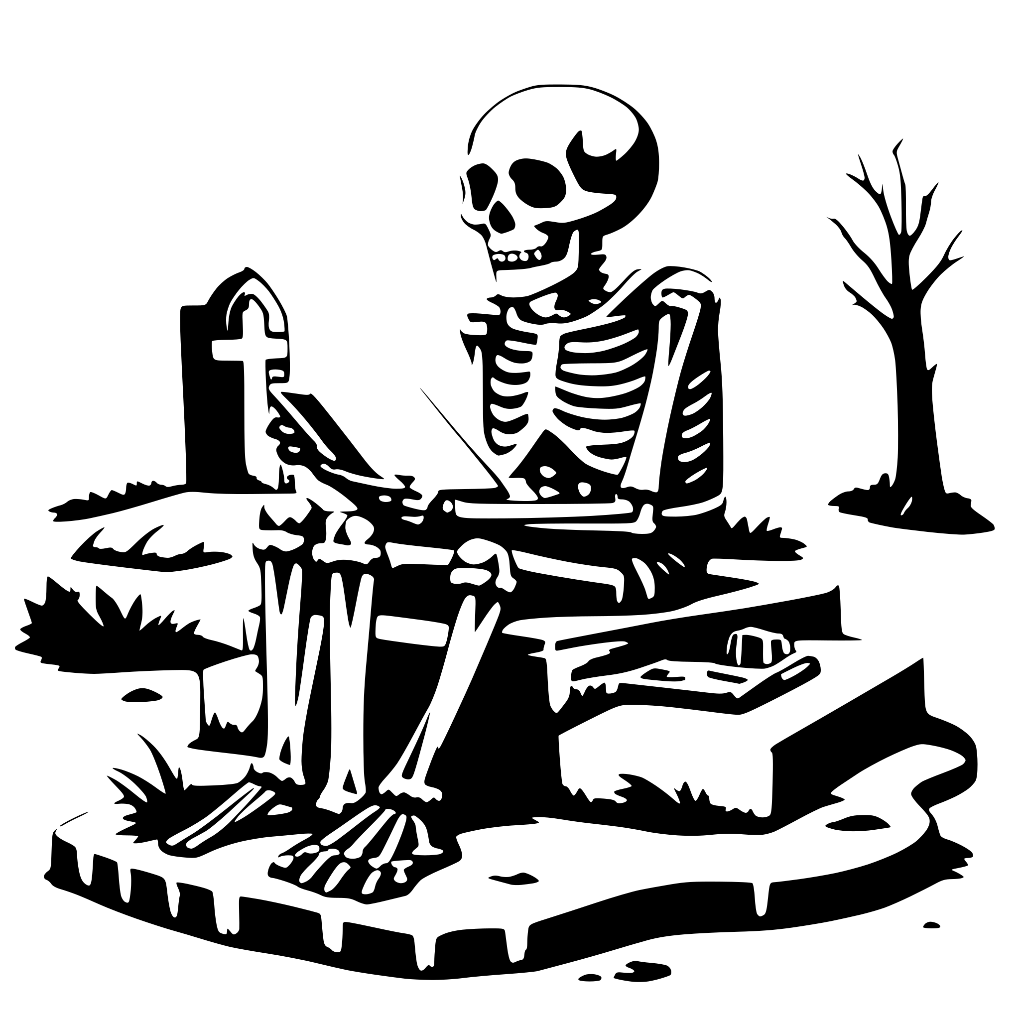 AI-generated SVG of 'a skeleton sitting on a grave an reading'