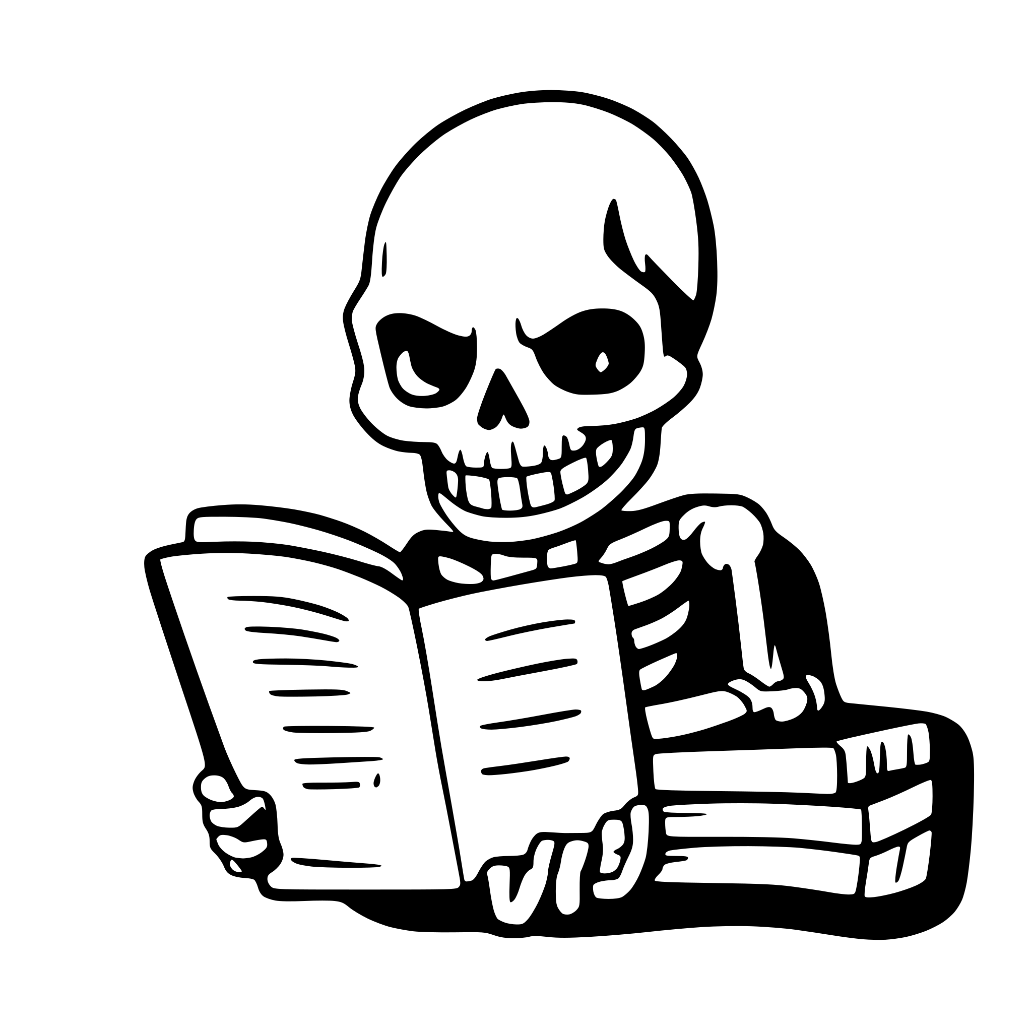 AI-generated SVG of 'skeleton reading a book'