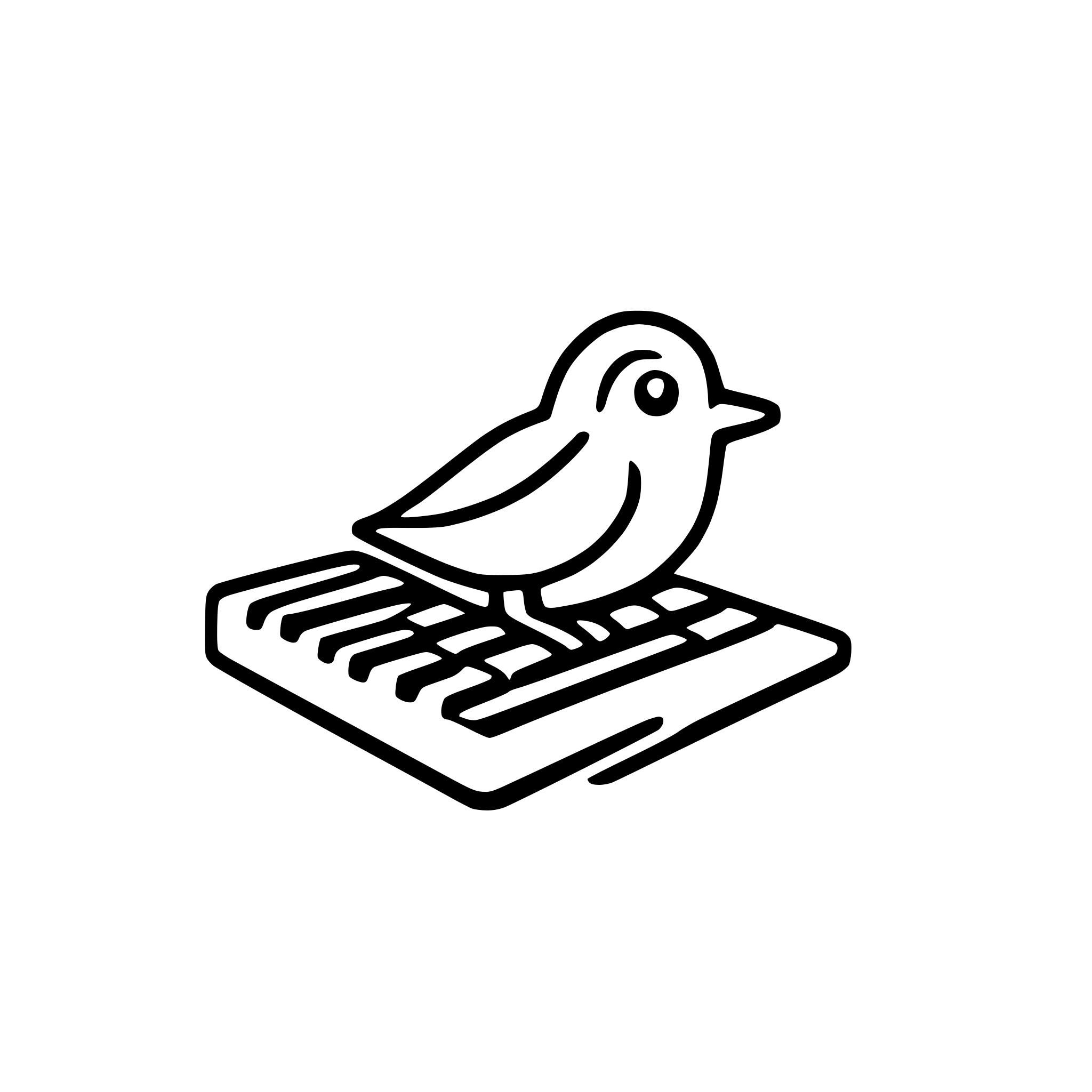 AI-generated SVG of a Simple small cute bird-outline bot typing on a floating keyboard, modern UI, clean lines, white background.