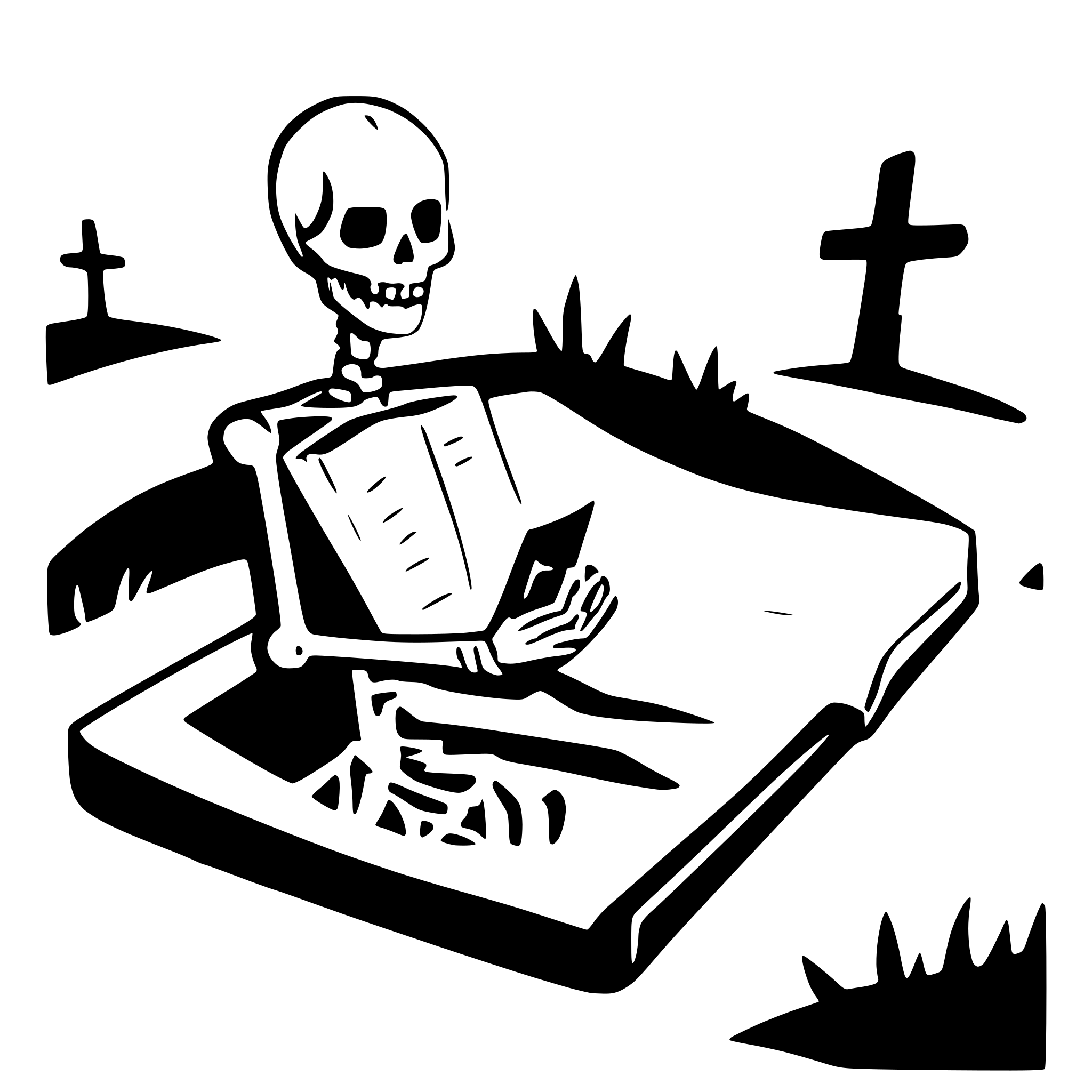 AI-generated SVG of a a skeleton on a cemetery reading a big book