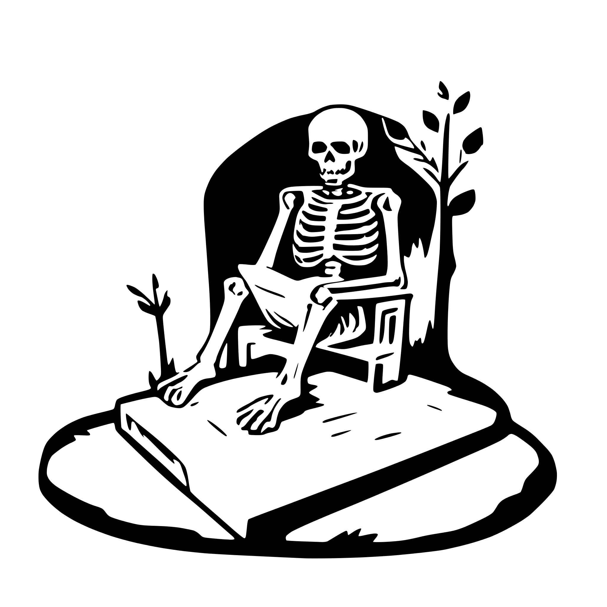 AI-generated SVG of a a skeleton sitting on a grave an reading