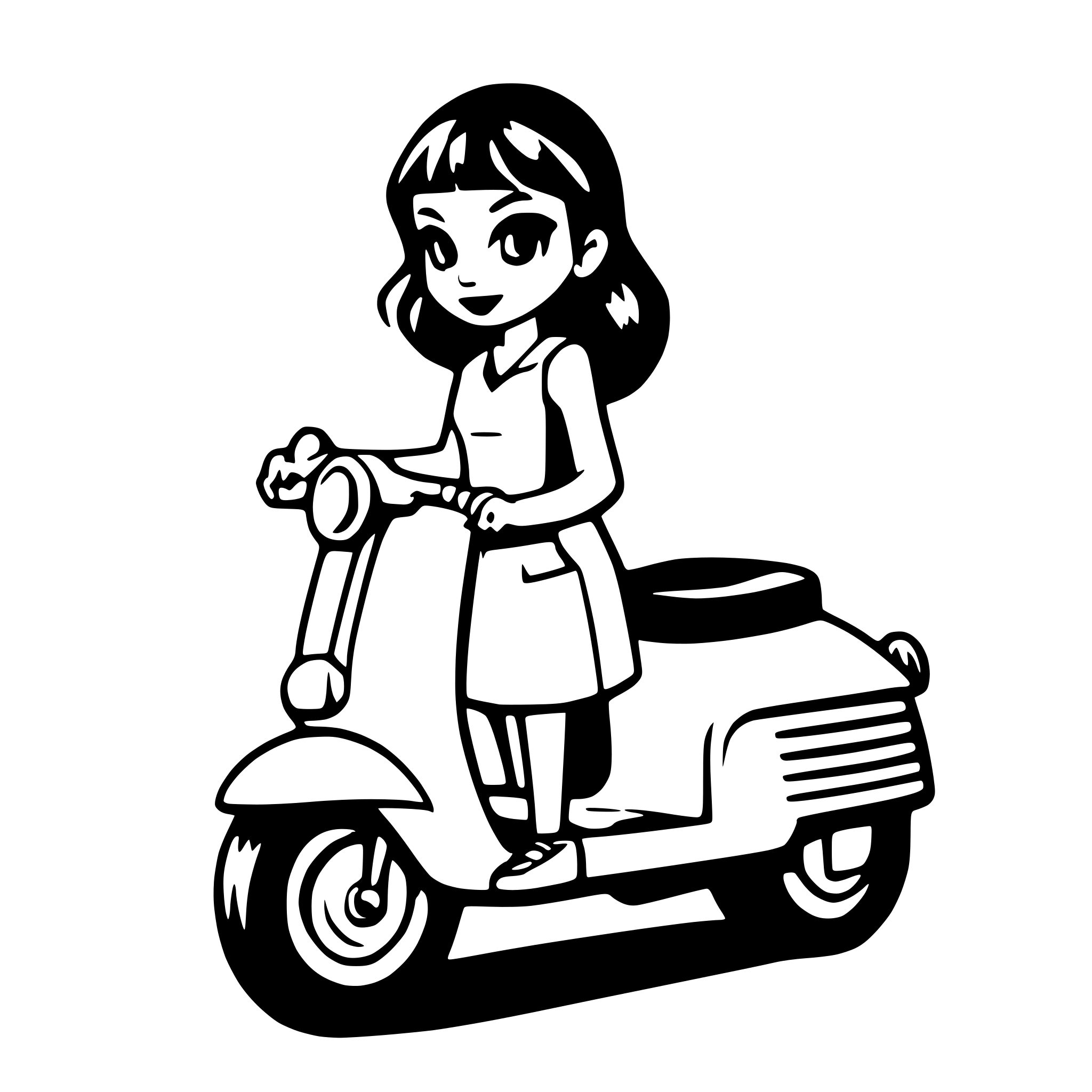AI-generated SVG of a Short dark haired women on a vespa