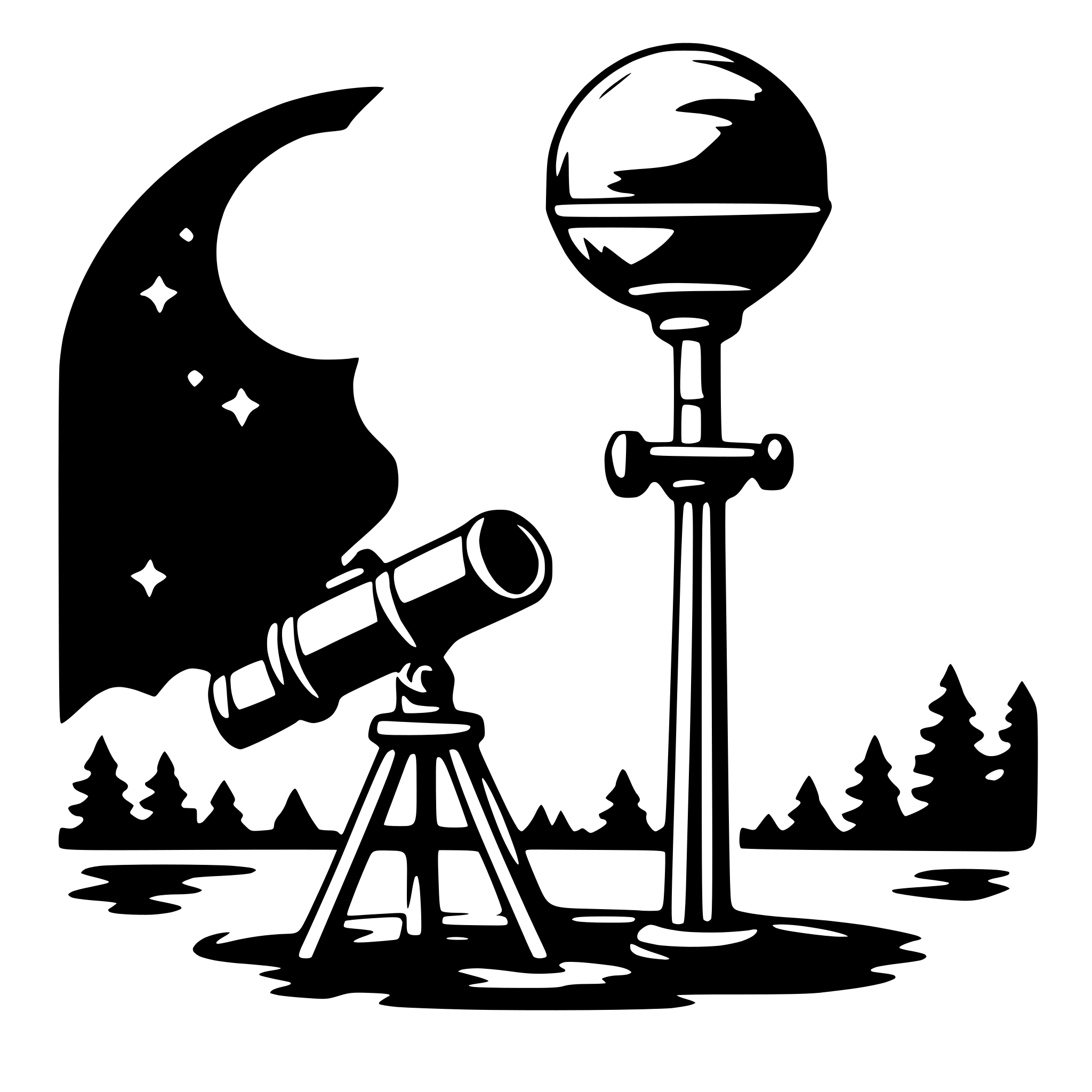 The SVG features a stylized depiction of a telescope and a globe. The telescope is mounted on a tripod and is pointed towards the sky, which is illustrated with a crescent moon and stars. The globe is placed on a stand, and there are trees in the background, suggesting a nighttime setting. The overall style is simplistic and cartoon-like, with solid black outlines and no shading or coloring. 