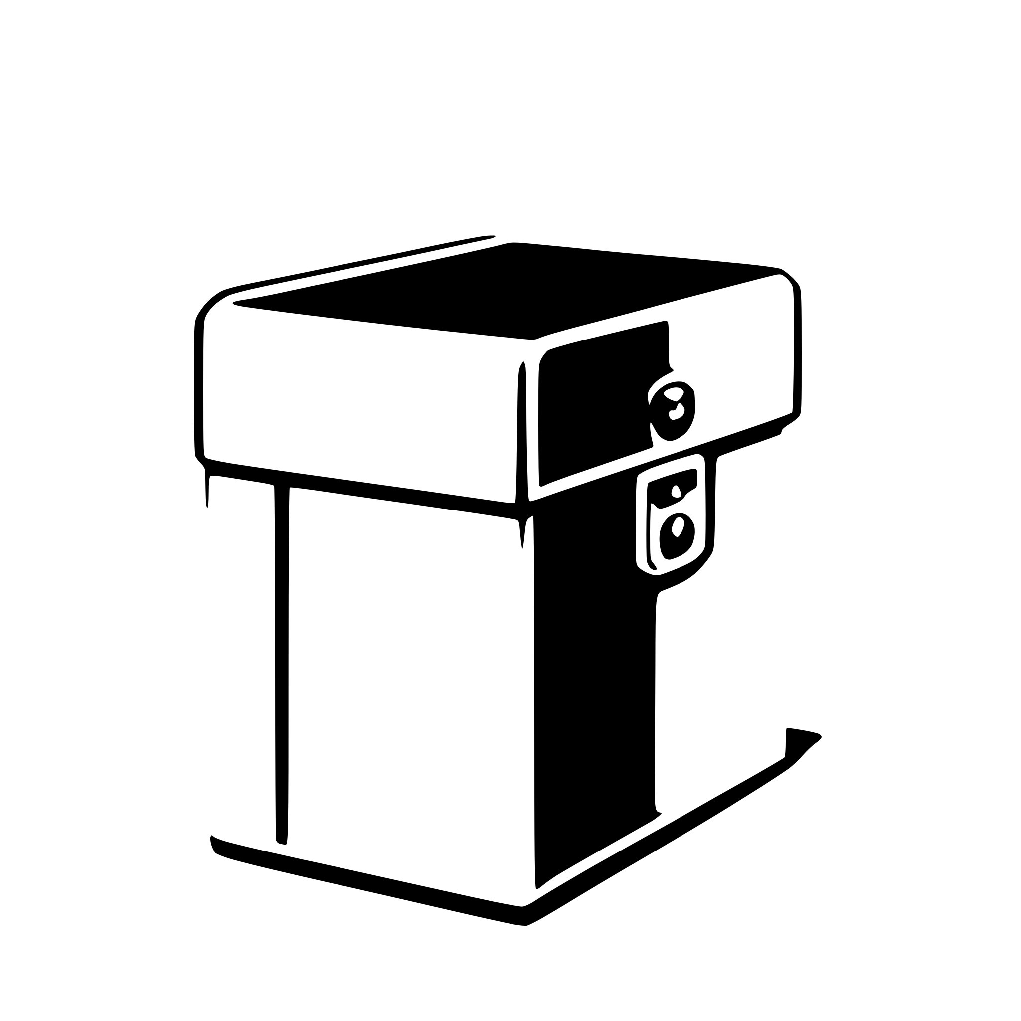 The SVG shows a simple, stylized representation of a coffee machine. It features a rectangular body with a flat top, a cylindrical spout on the front, and a small, square control panel on the top front corner. The machine is depicted in a minimalist, line-art style with no shading or color, relying on the contrast between the black lines and the white background to define its shape and features. 