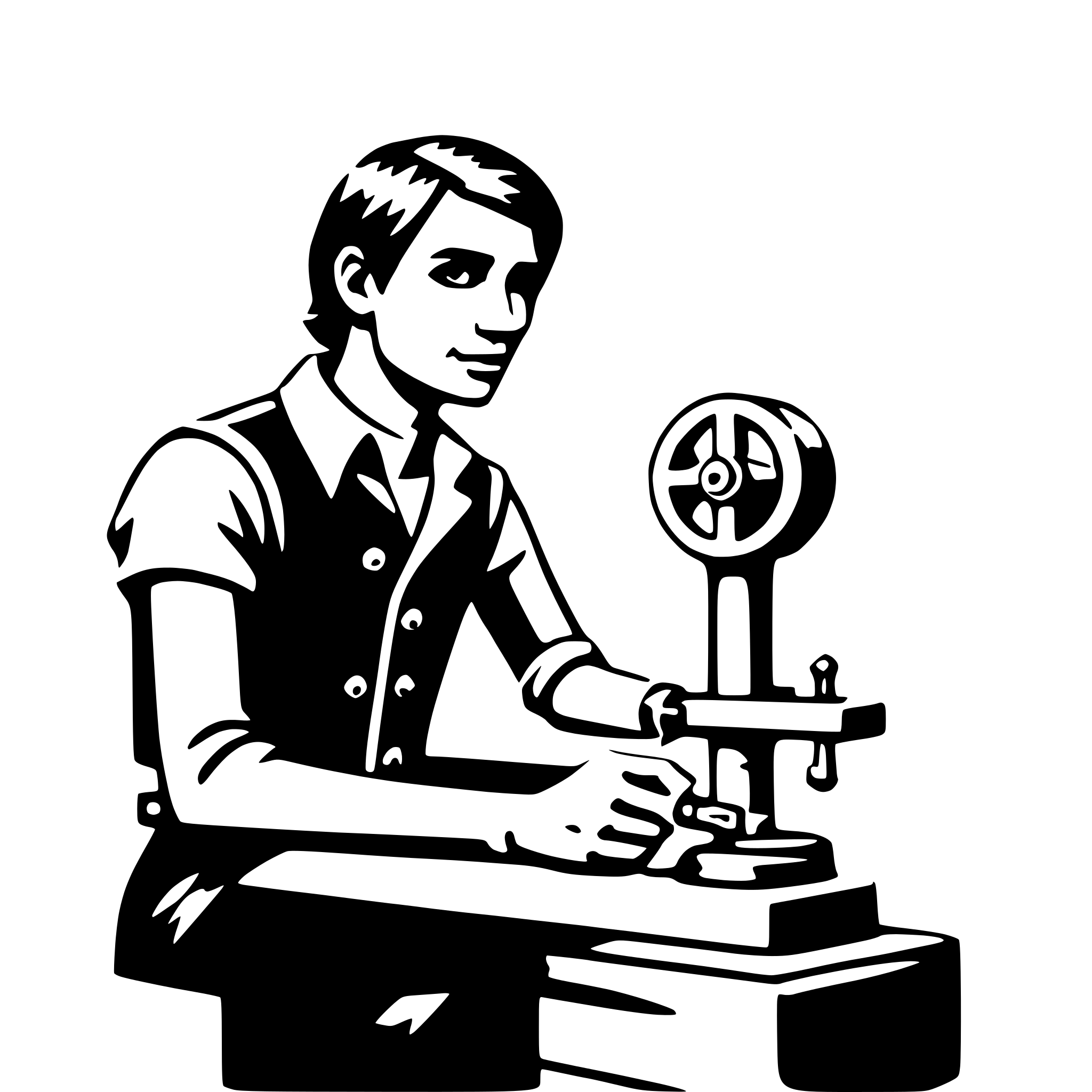 The SVG depicts a stylized black and white illustration of a person sitting at a desk and operating a mechanical device, which appears to be a sewing machine or a similar type of machinery. The person is wearing a vest and a short-sleeved shirt, and is focused on the task at hand. The machine has a circular wheel and a needle, suggesting it is used for sewing or a similar process. The person's hands are on the machine, indicating they are operating it. The overall style is reminiscent of a classic, perhaps vintage, illustration. 