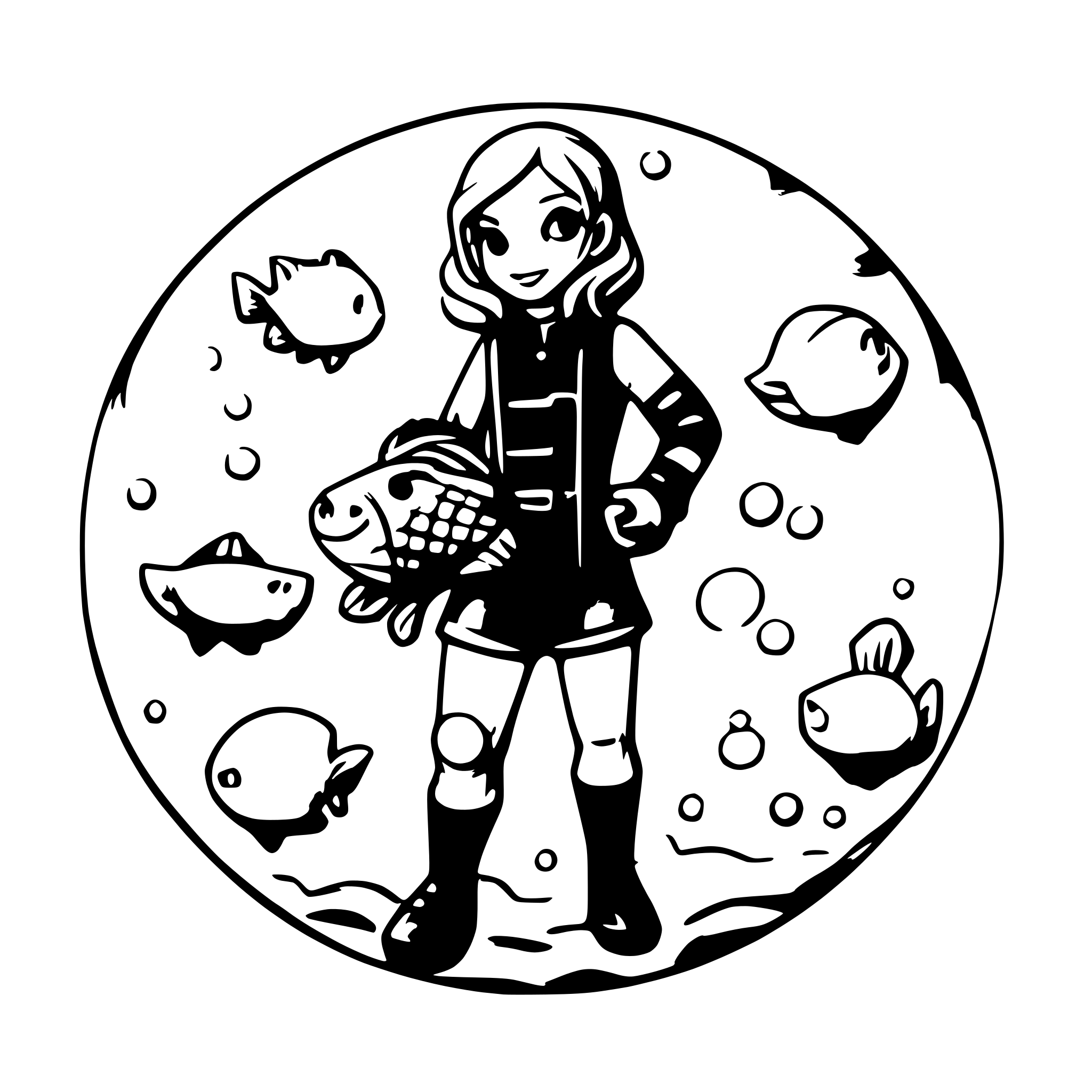 AI-generated SVG of a Female Diver with Fishes and bubbles around her