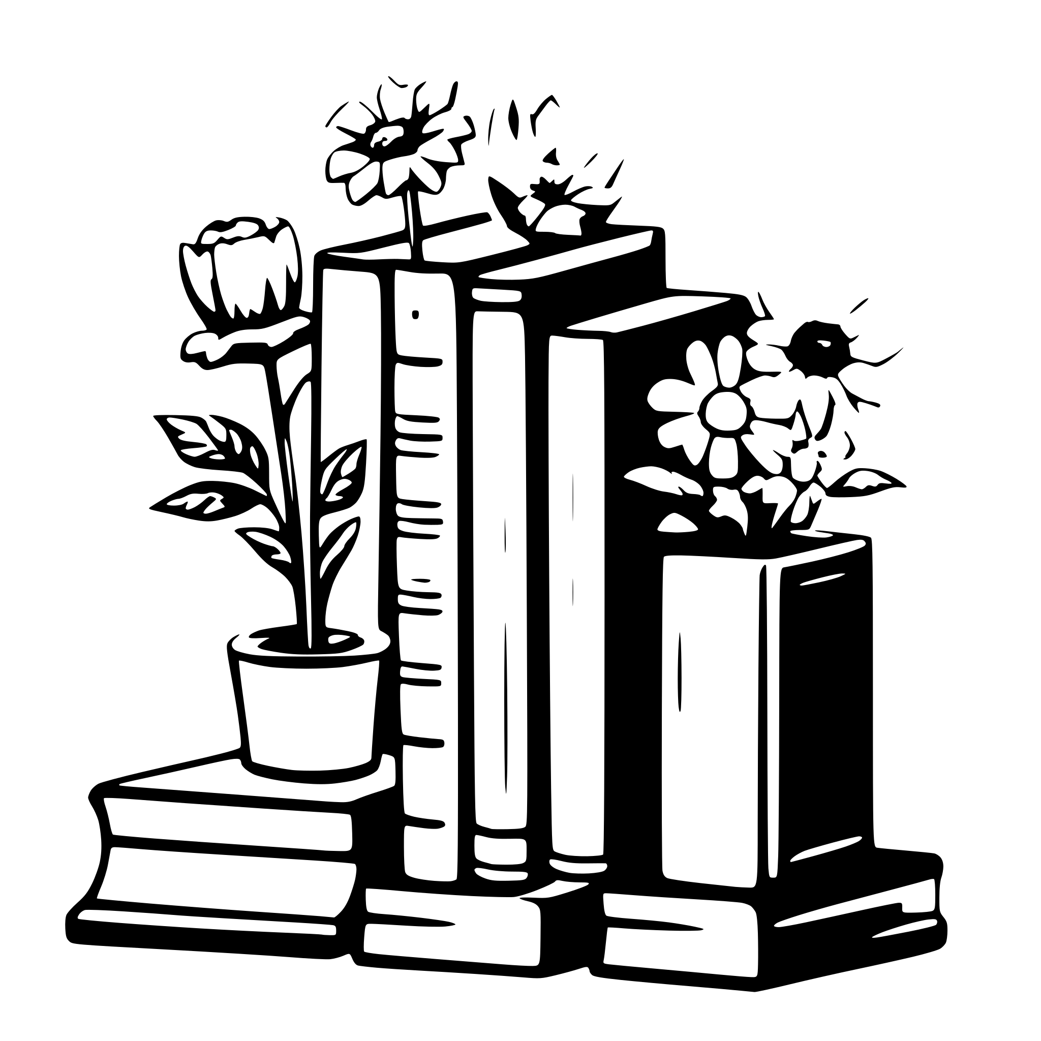 AI-generated SVG of a Eleven books  with visible spines and surrounding flowers