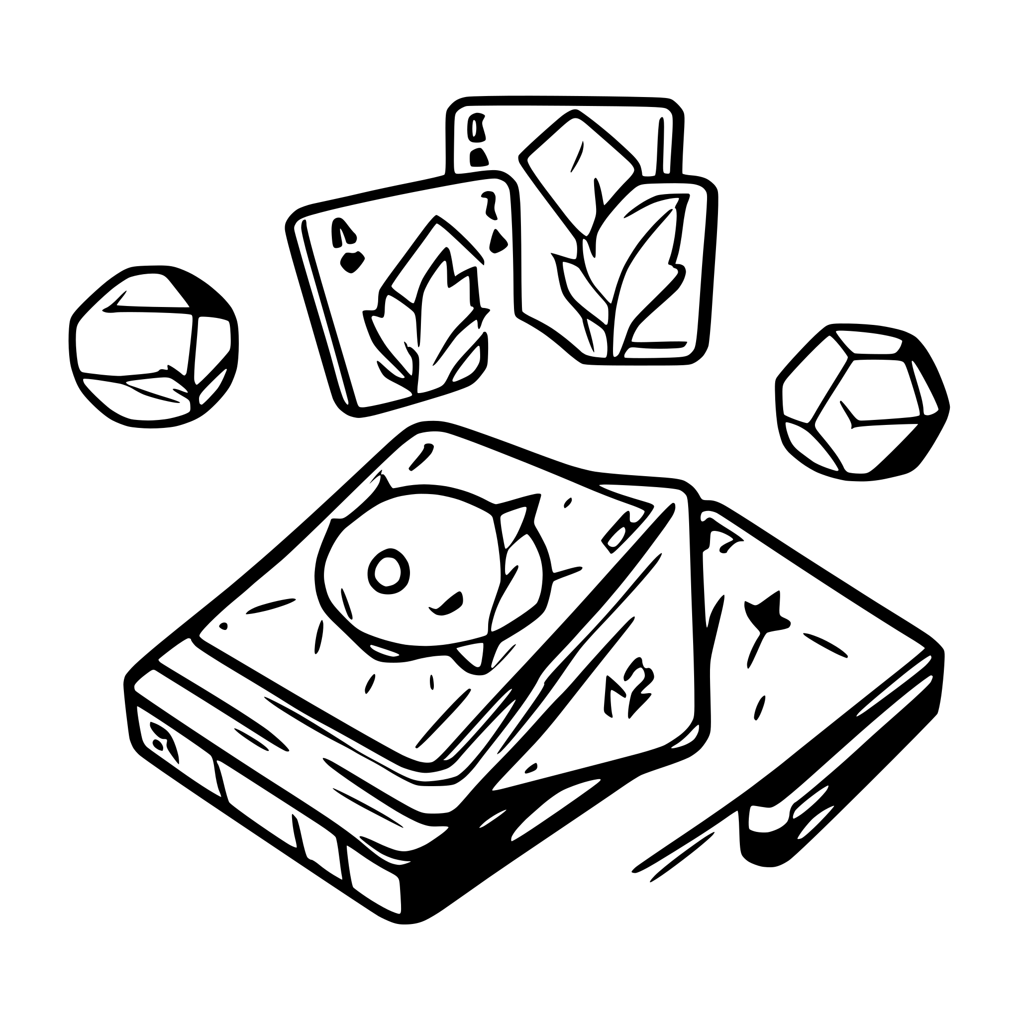 AI-generated SVG of a 3 line art playing cards, the middle one has a pokeball image on it and flmaes coming off it
