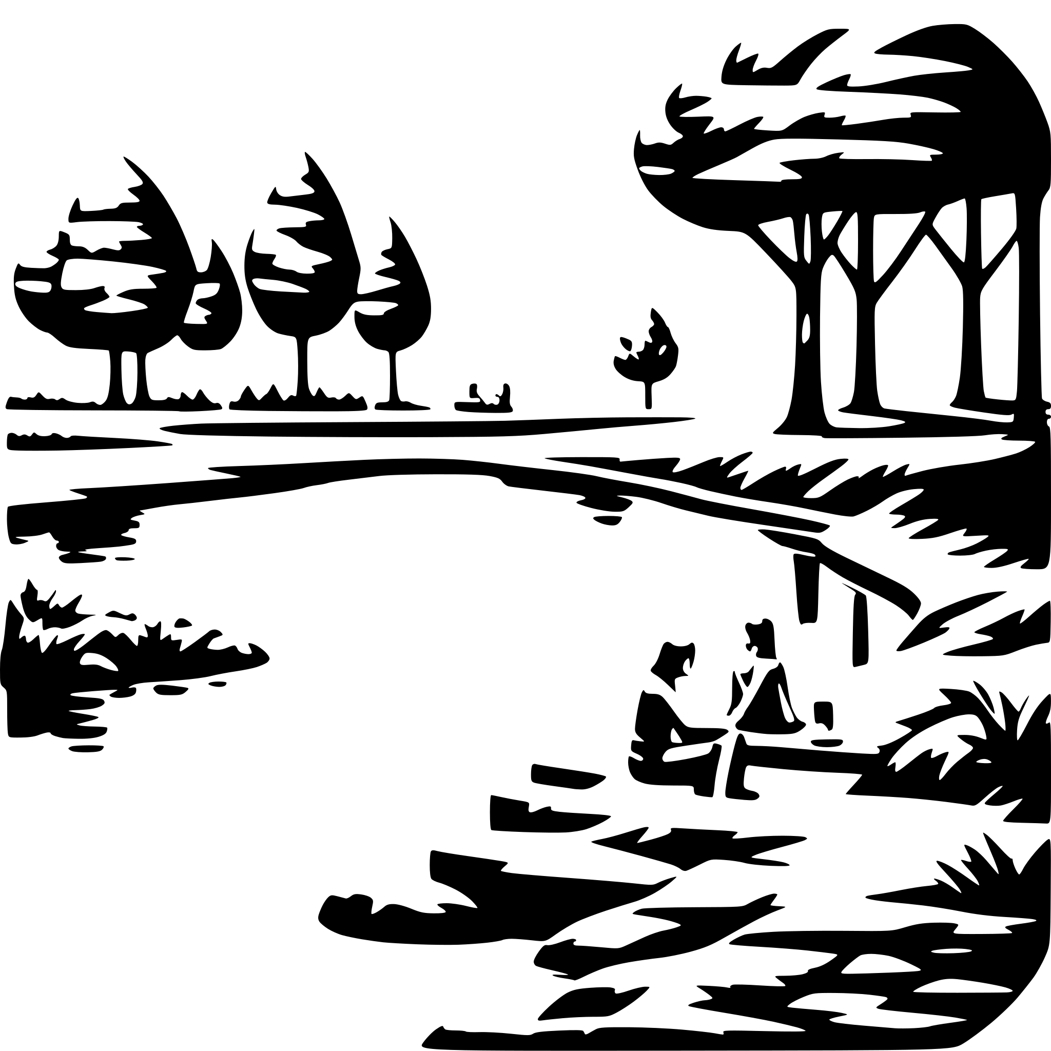 AI-generated SVG of 'a simple illustration of a riverbank with some people relaxing face down in the water and on the surface with trees around it'