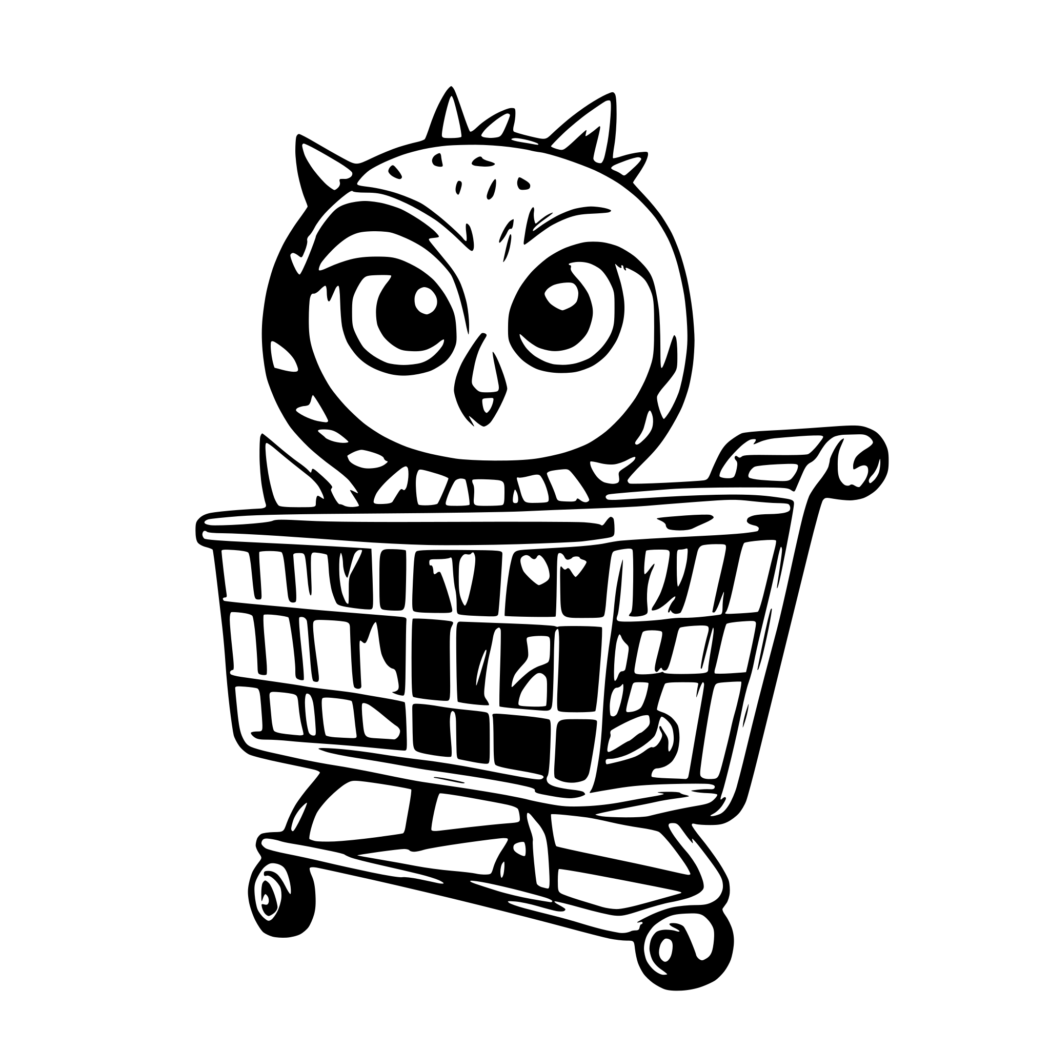 AI-generated SVG of a happy owl pushing a shopping cart, colorful cartoon style
