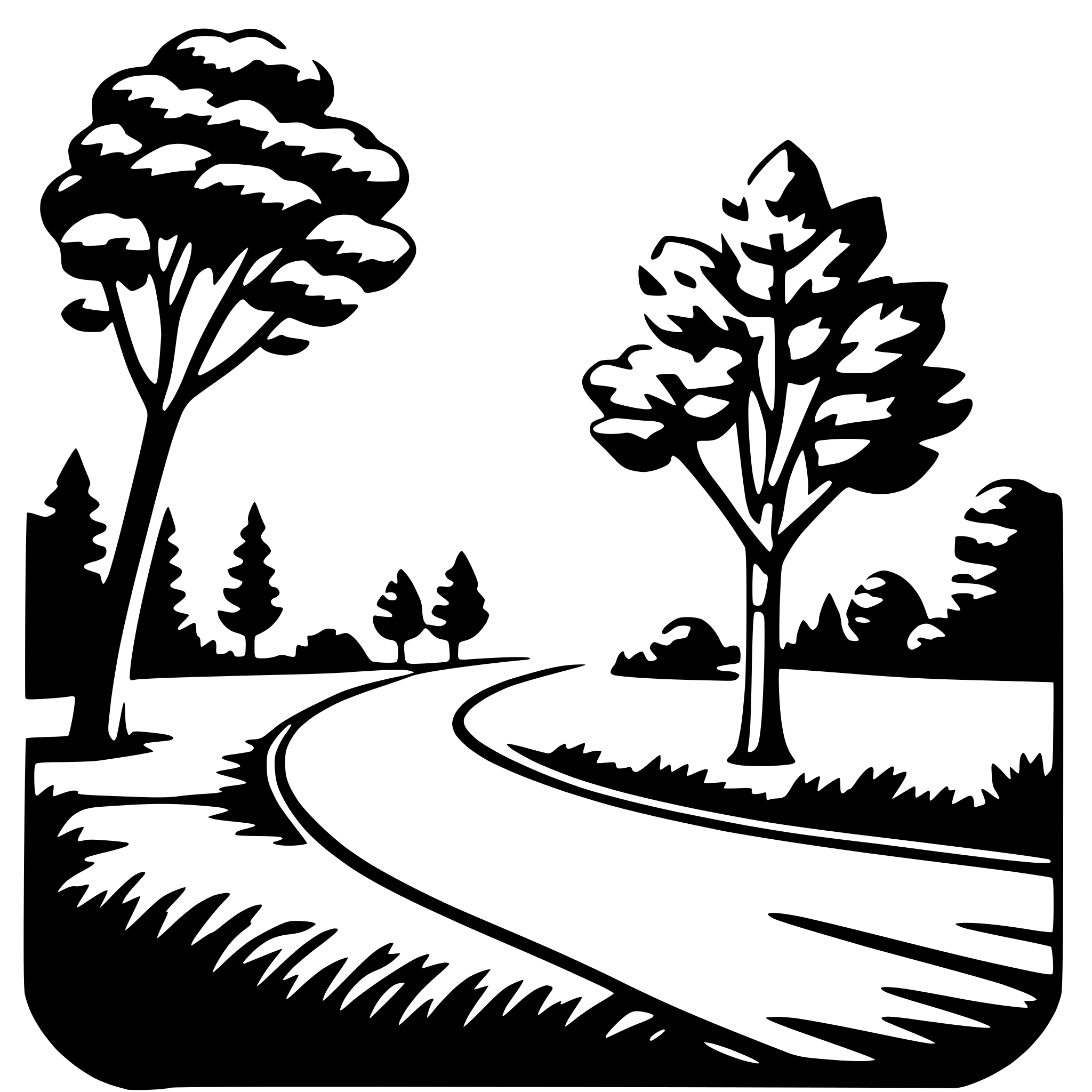 The SVG depicts a stylized, black and white illustration of a road leading towards a forest. On the left side of the road, there is a tree with a more detailed and shaded representation, suggesting it is closer to the viewer. On the right side of the road, there is a similar tree with a less detailed and shaded appearance, indicating it is further away. The road curves gently to the right, and there are two smaller trees on the right side of the road, closer to the viewer than the larger tree on the right. The background is a simple, untextured representation of a sky, and the overall style is minimalistic and graphic. 