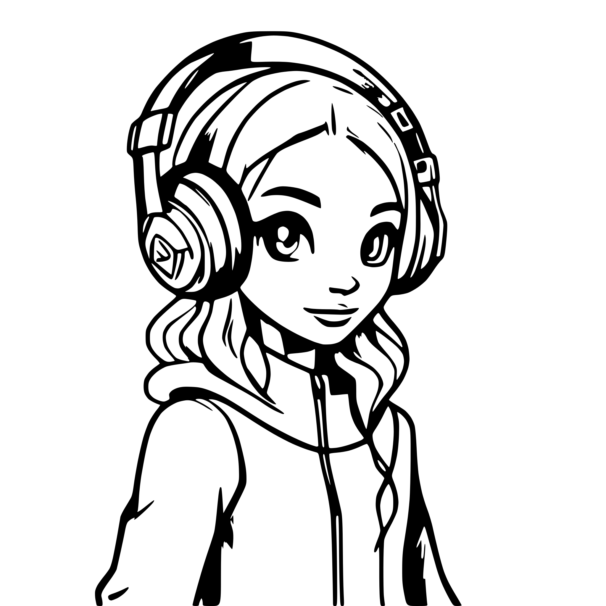 AI-generated SVG of a grey alien with headphones and nice hair, along with cross eyes, line art