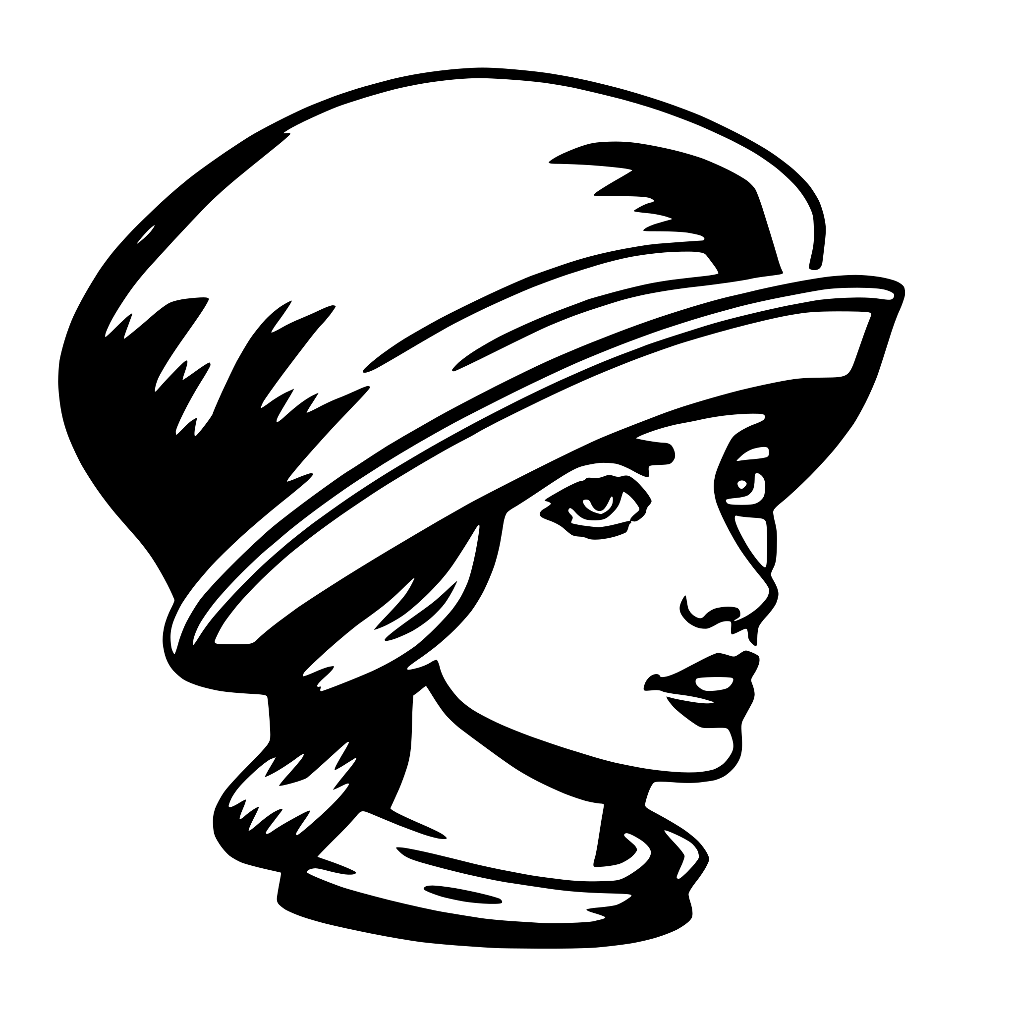 The SVG depicts a stylized, black and white illustration of a woman's head and upper shoulders. She is wearing a wide-brimmed hat with a ribbon or band around the base. The woman has a neutral expression with her eyes looking directly forward. The illustration is simplistic with clean lines and minimal shading, emphasizing the shapes and contours of the features. The style is reminiscent of a classic, perhaps vintage, fashion illustration. 