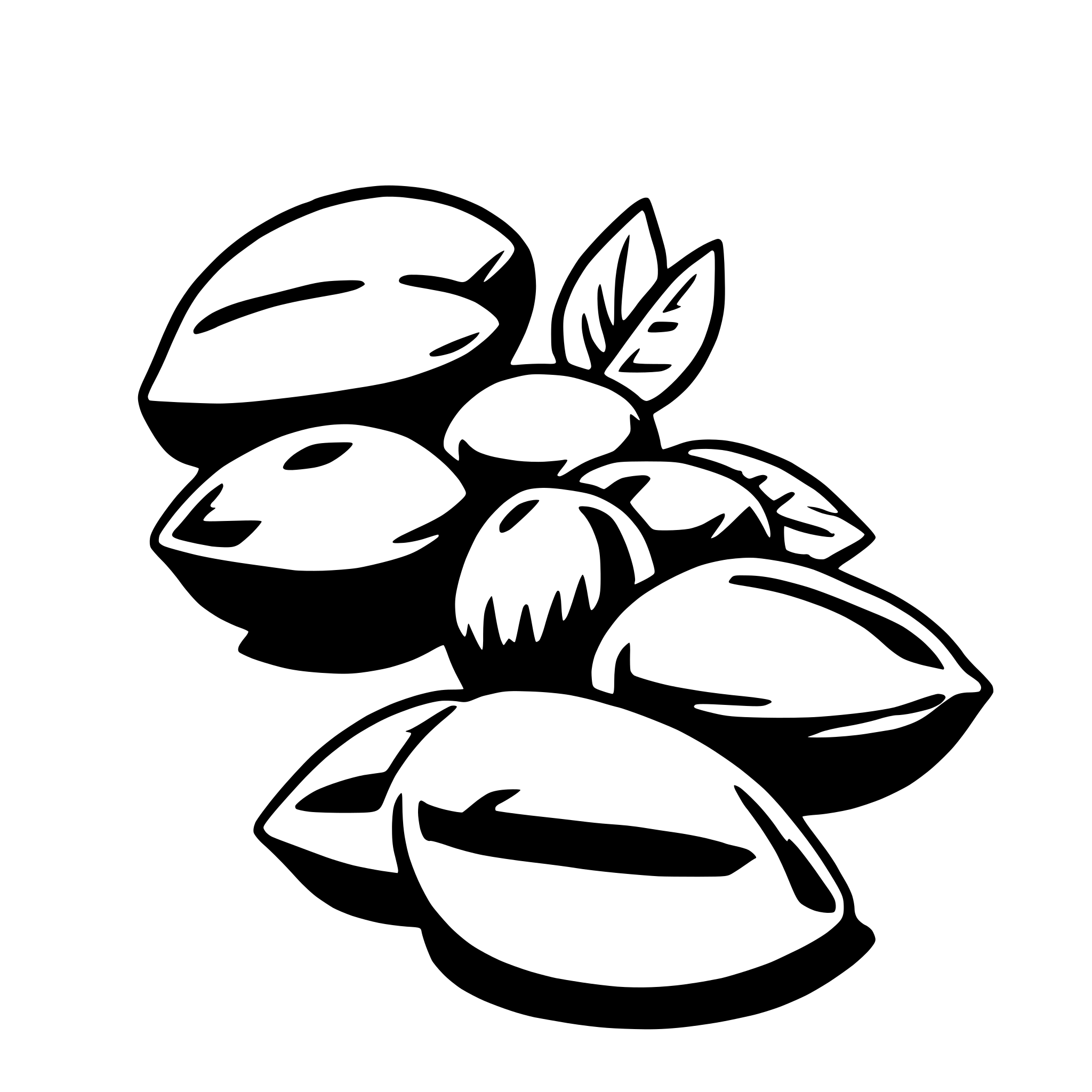 The SVG depicts a cluster of fruits, which appear to be apples, with a single leaf attached to the top. The fruits are arranged in a somewhat circular pattern, with some overlapping each other. The leaf is a simple, stylized representation with a few veins and a pointed tip. The overall style is minimalistic and cartoonish, with solid black outlines and no shading or coloring. 