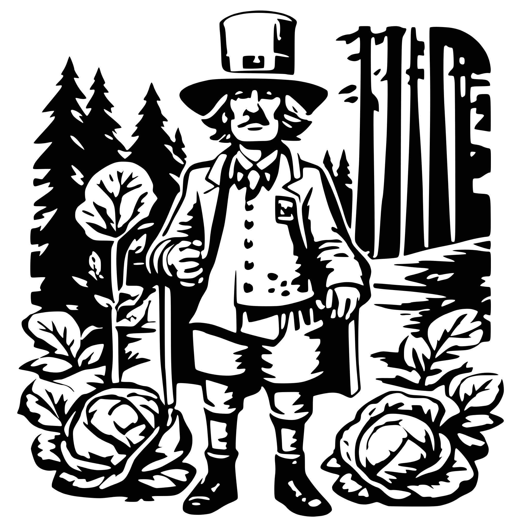 AI-generated SVG of 'A man made of cabbage with short legs, two arms, a hat on his head, a belt on his belly and a cigarette in his mouth stands in the forest.'