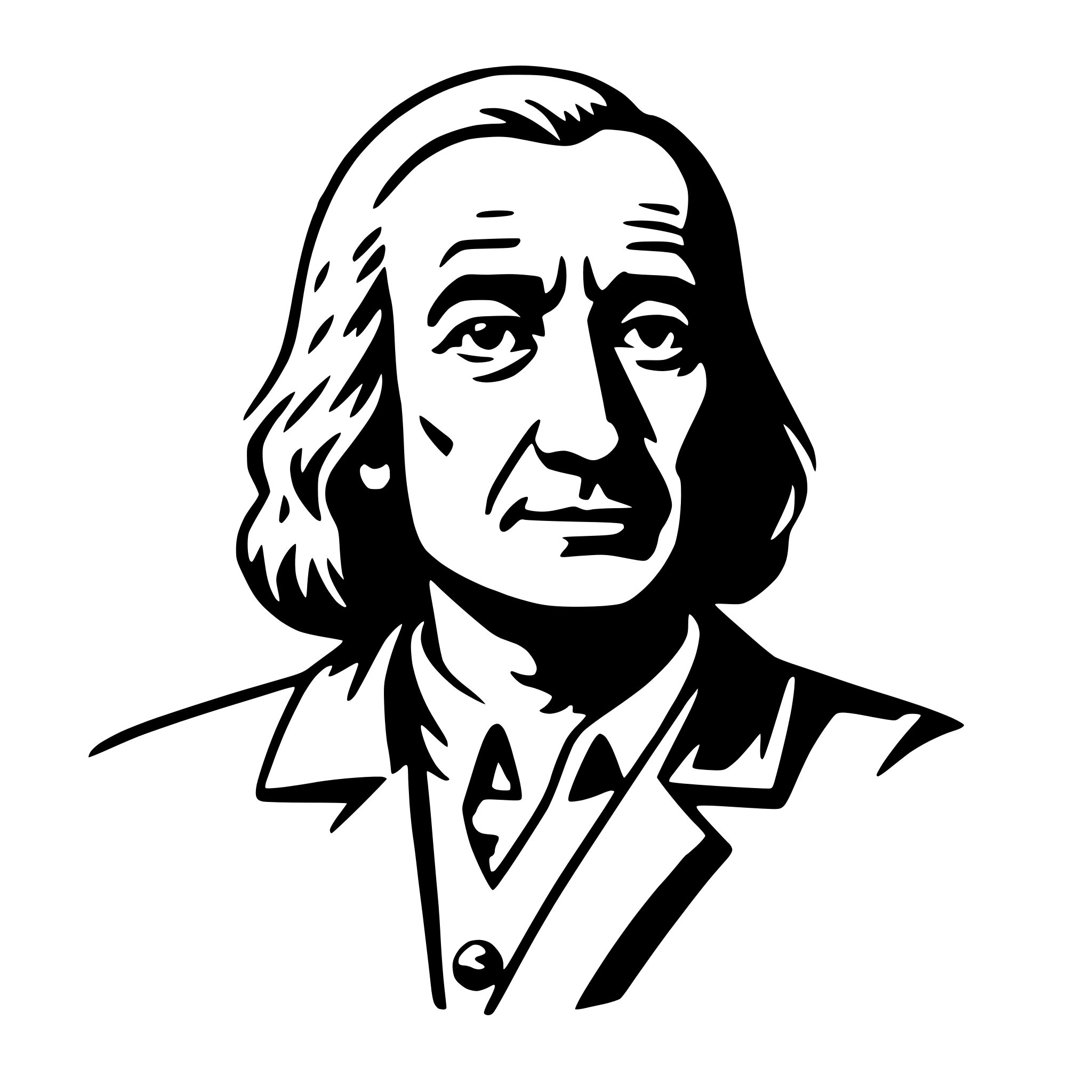 The SVG is a black and white line drawing of a man's face and upper torso. The man has a beard and mustache, and his hair is styled in a way that it appears to be parted and combed. He is wearing a collared shirt with a tie, suggesting a formal or professional attire. The man's expression is neutral, and he is looking directly at the viewer. The SVG does not contain any text or additional objects, and the lines are clean and unadorned, focusing solely on the depiction of the man. 