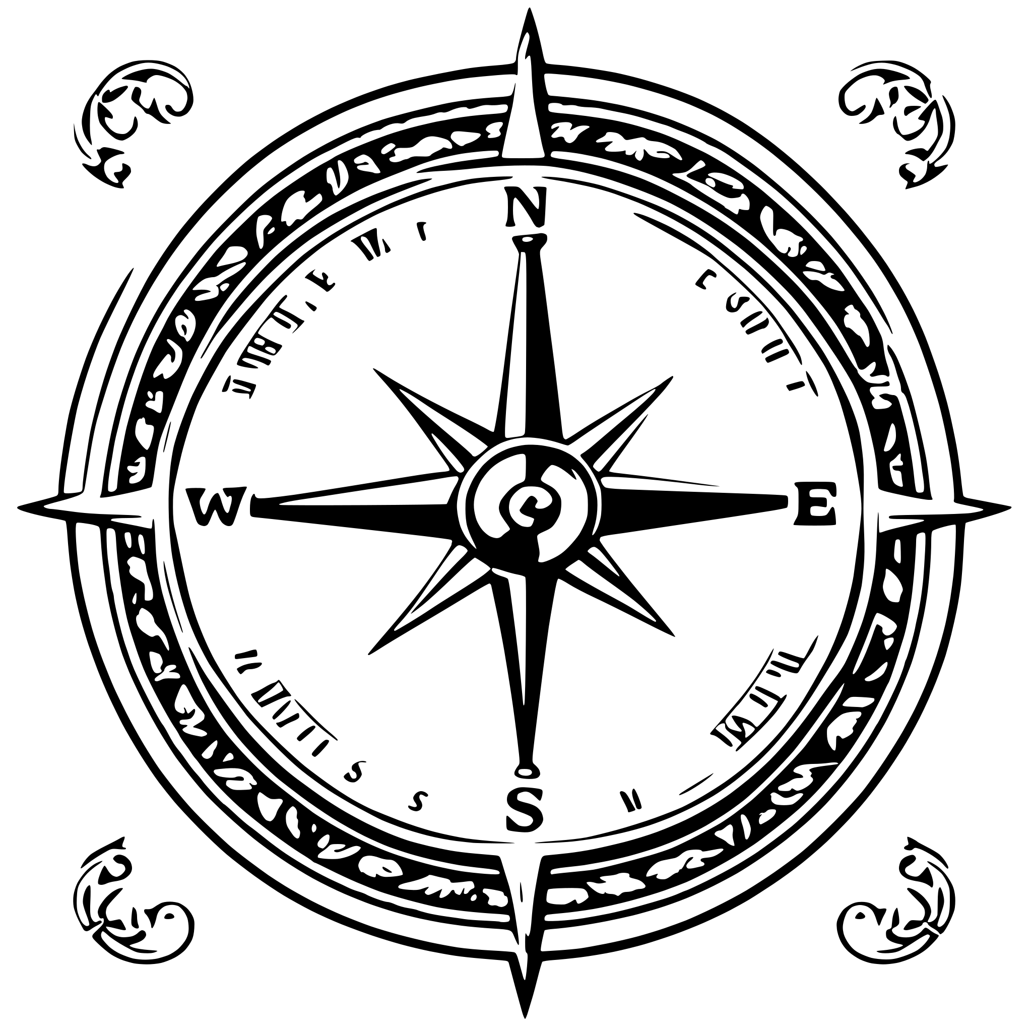 AI-generated SVG of a A black and white SVG of an antique compass with a decorative compass rose at its center. The compass has a circular frame with visible markings for cardinal directions and ornate detailing around the edges.