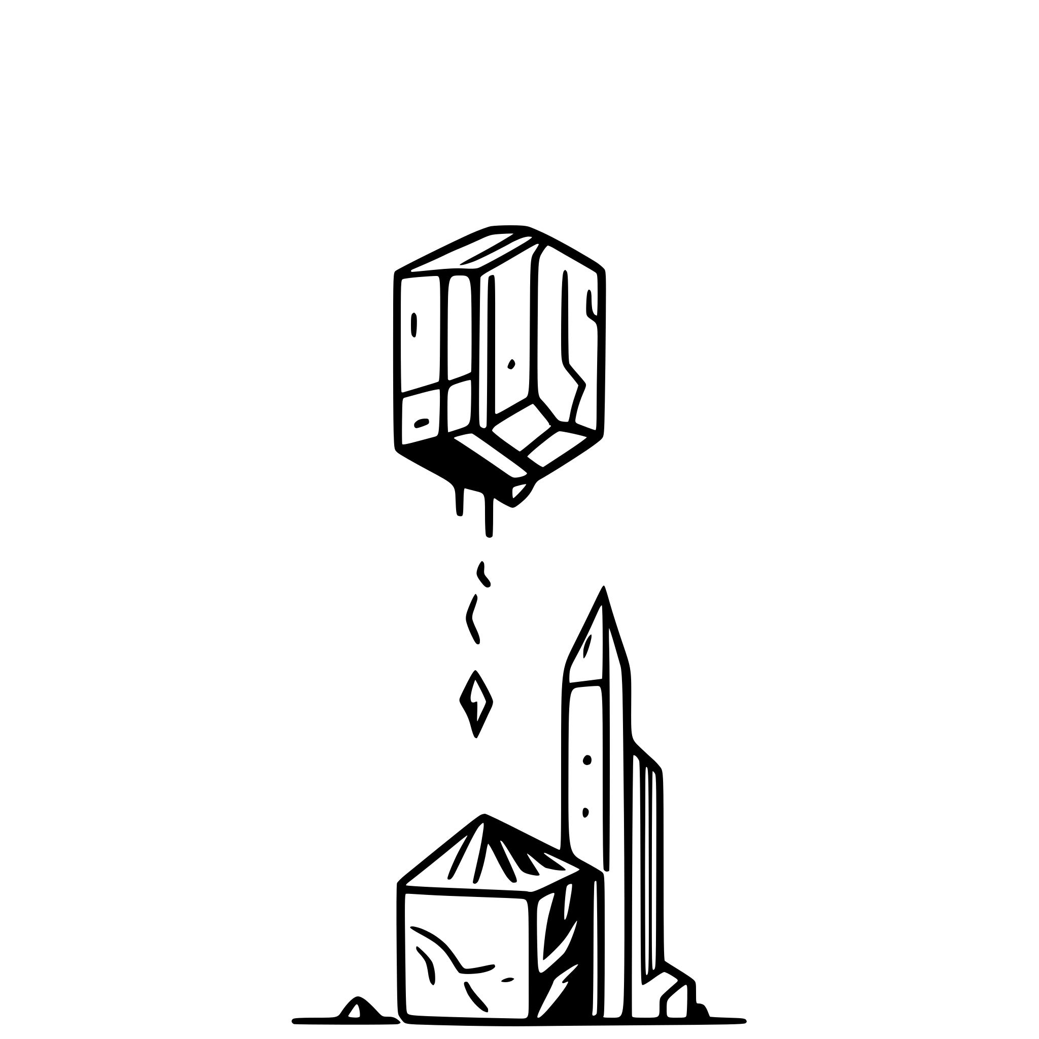 AI-generated SVG of a A cube in space, falling to earth. A small rocket in the distance. The earth takes up one third of the image