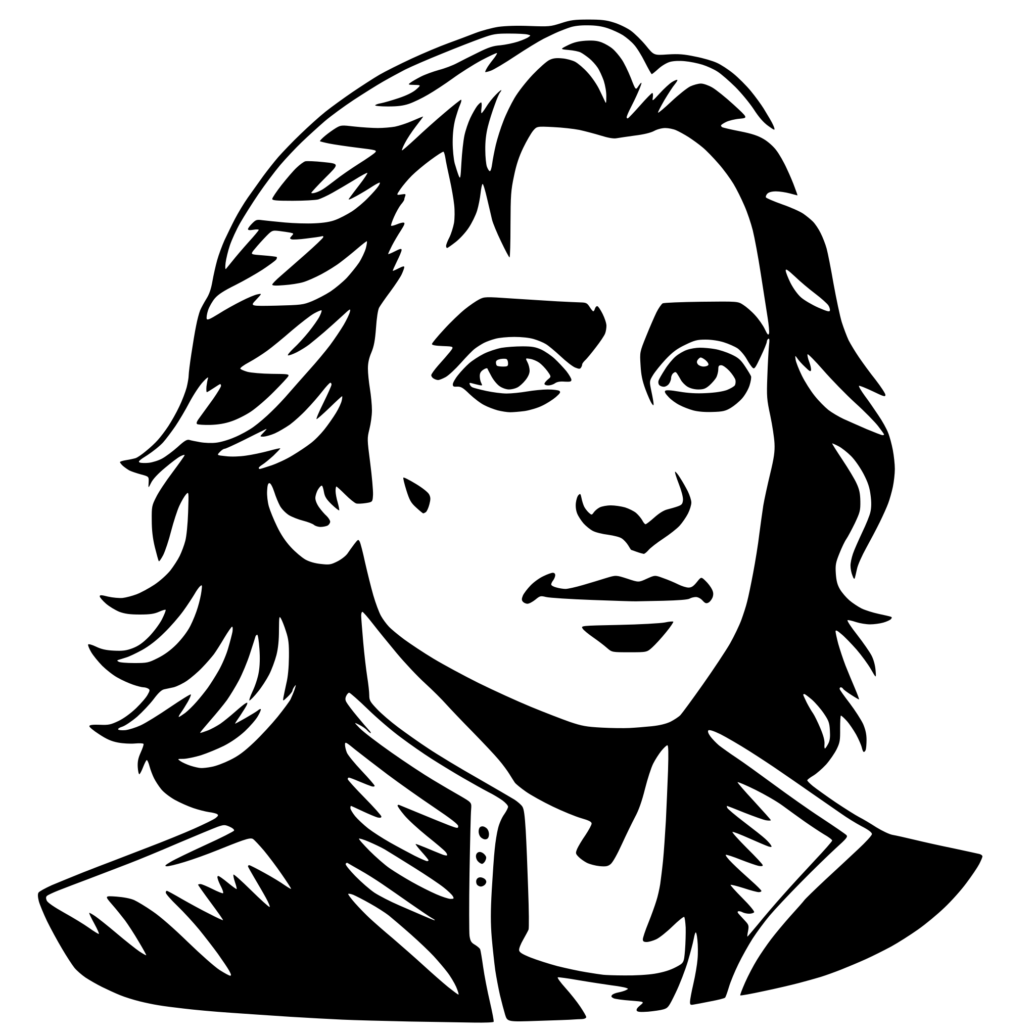 The SVG is a black and white vector illustration of a person's head and shoulders. The person has long, wavy hair and a neutral expression. The hair is styled in a way that it falls over the shoulders, and the person is wearing what appears to be a jacket or a shirt with a collar. The illustration is stylized with clean lines and lacks detail that would suggest texture or depth. The person's gaze is directed straight ahead, and the overall impression is one of simplicity and elegance. 