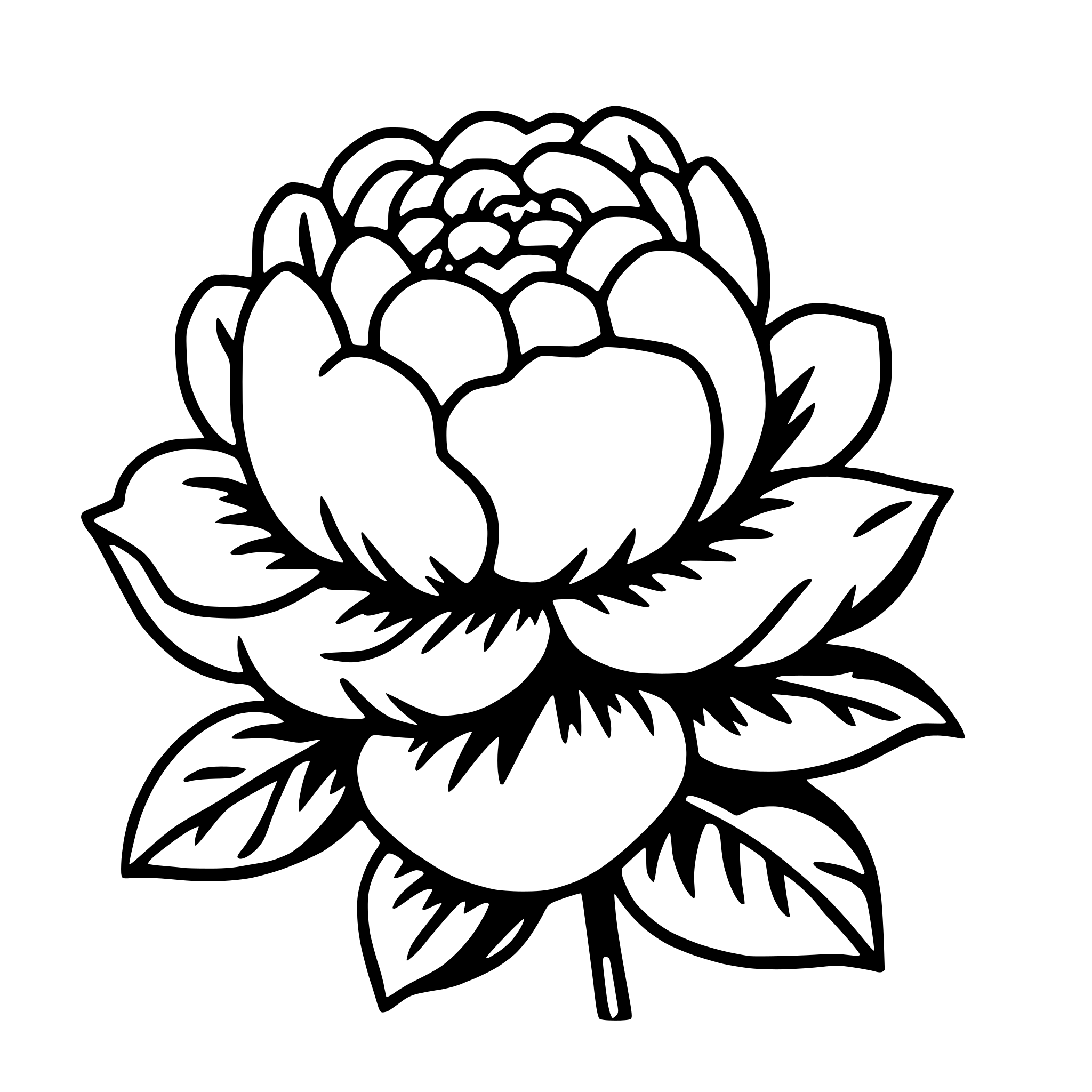 The SVG depicts a stylized, black and white illustration of a flower. The flower has a prominent central cluster of petals that are tightly packed and appear to be the stamens. Surrounding this central cluster are larger, more open petals that form a circular pattern around the stamens. The petals have a serrated edge, giving them a slightly jagged appearance. The leaves of the flower are depicted with a more detailed texture, suggesting a vein-like pattern, and they are arranged in a circular pattern around the base of the flower. The stem of the flower is thin and extends from the bottom of the SVG. The overall style of the illustration is simple and graphic, with clean lines and a limited color palette. 