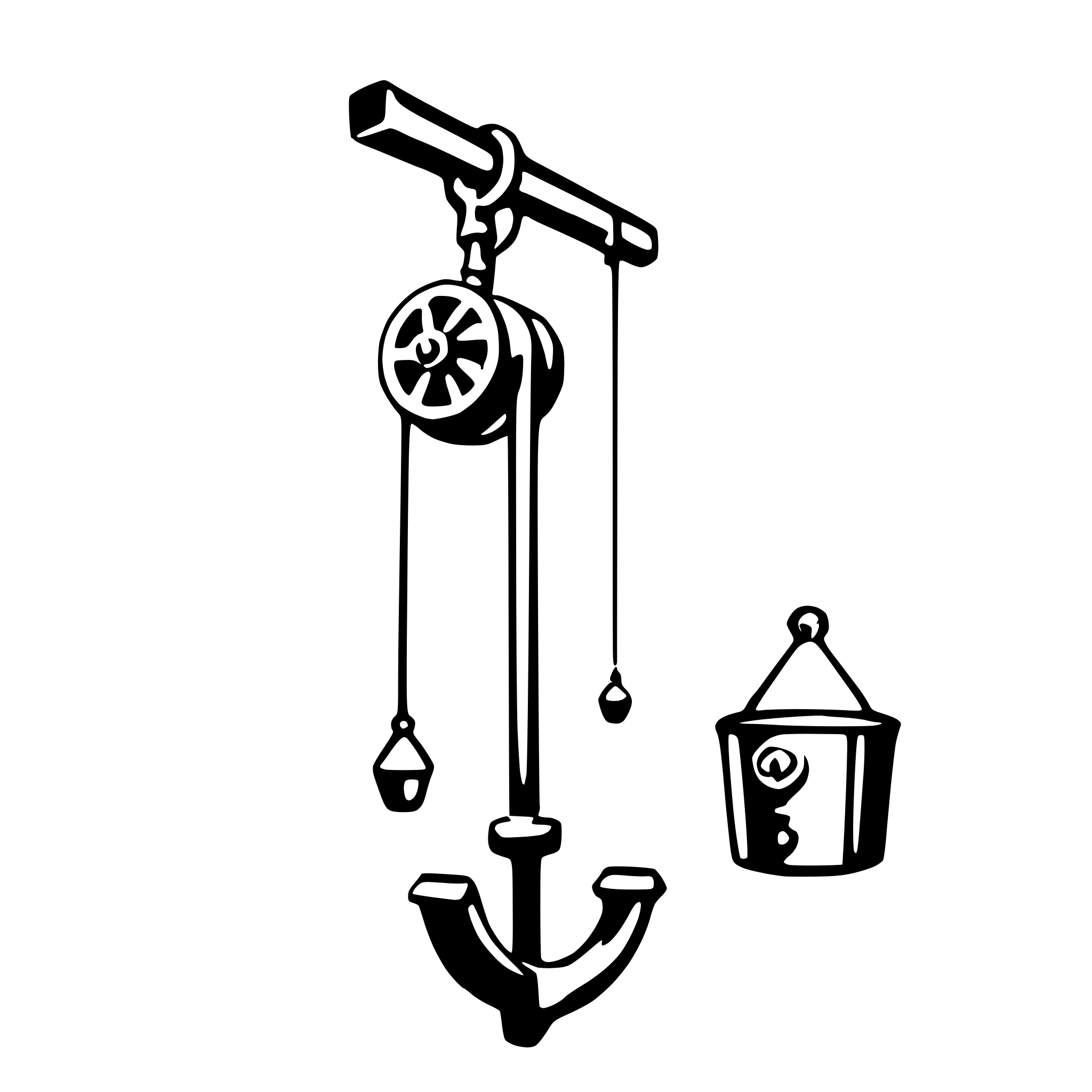The SVG shows a simple black and white illustration of a ship's anchor and a small bell. The anchor is depicted with a hook at the bottom and a shank with a fluked end, which is the part that is attached to the ship. The bell is shown with a clapper inside, which is the part that strikes the bell to produce sound. The bell is hanging from a chain, which is connected to the anchor. The anchor is attached to a post, which is likely part of the ship's structure. The bell is positioned to the right of the anchor, and the chain is draped between the two. The SVG does not depict any interaction between the objects; they are static and stationary. 