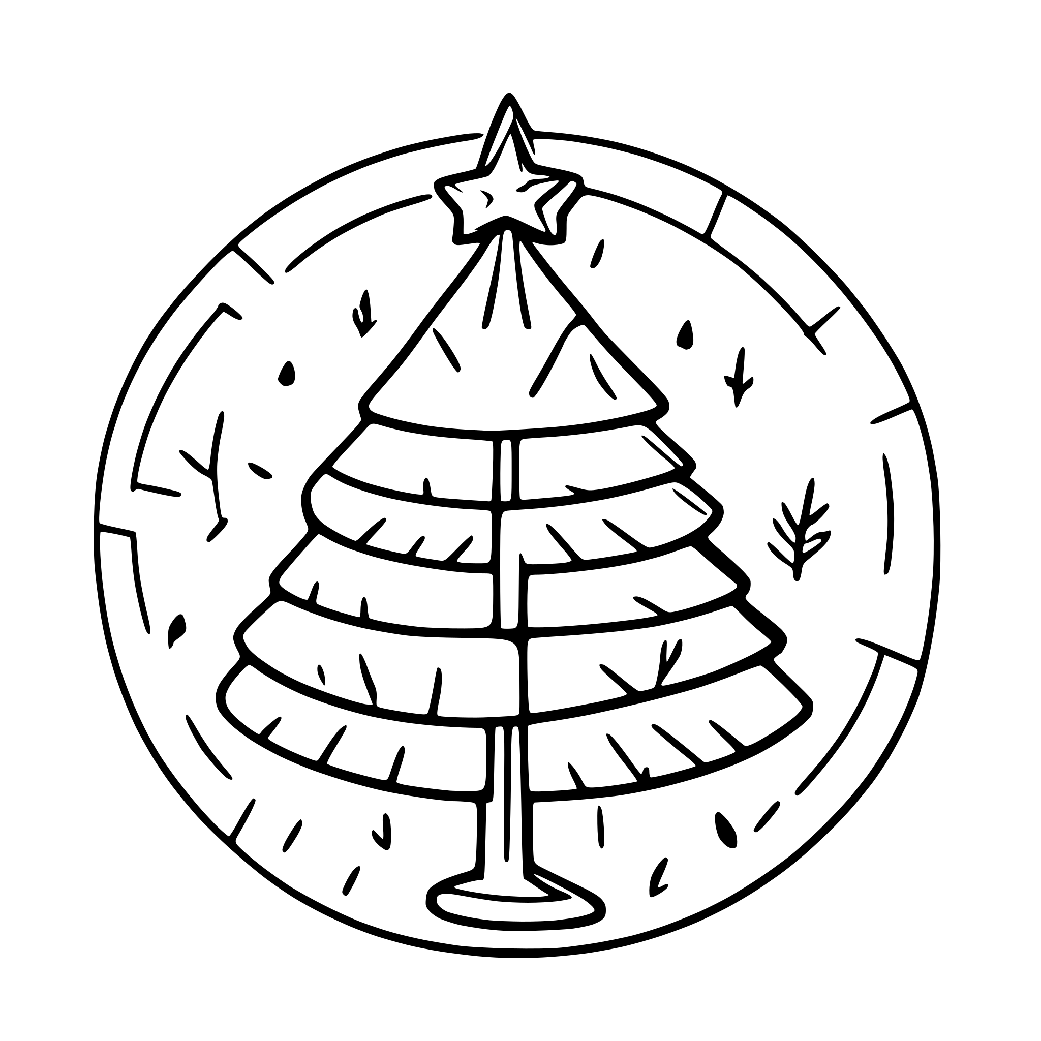 AI-generated SVG of a chistmas tree, circular ornament, decoration, cozy line art calligraphy cute for christmas card hand drawn