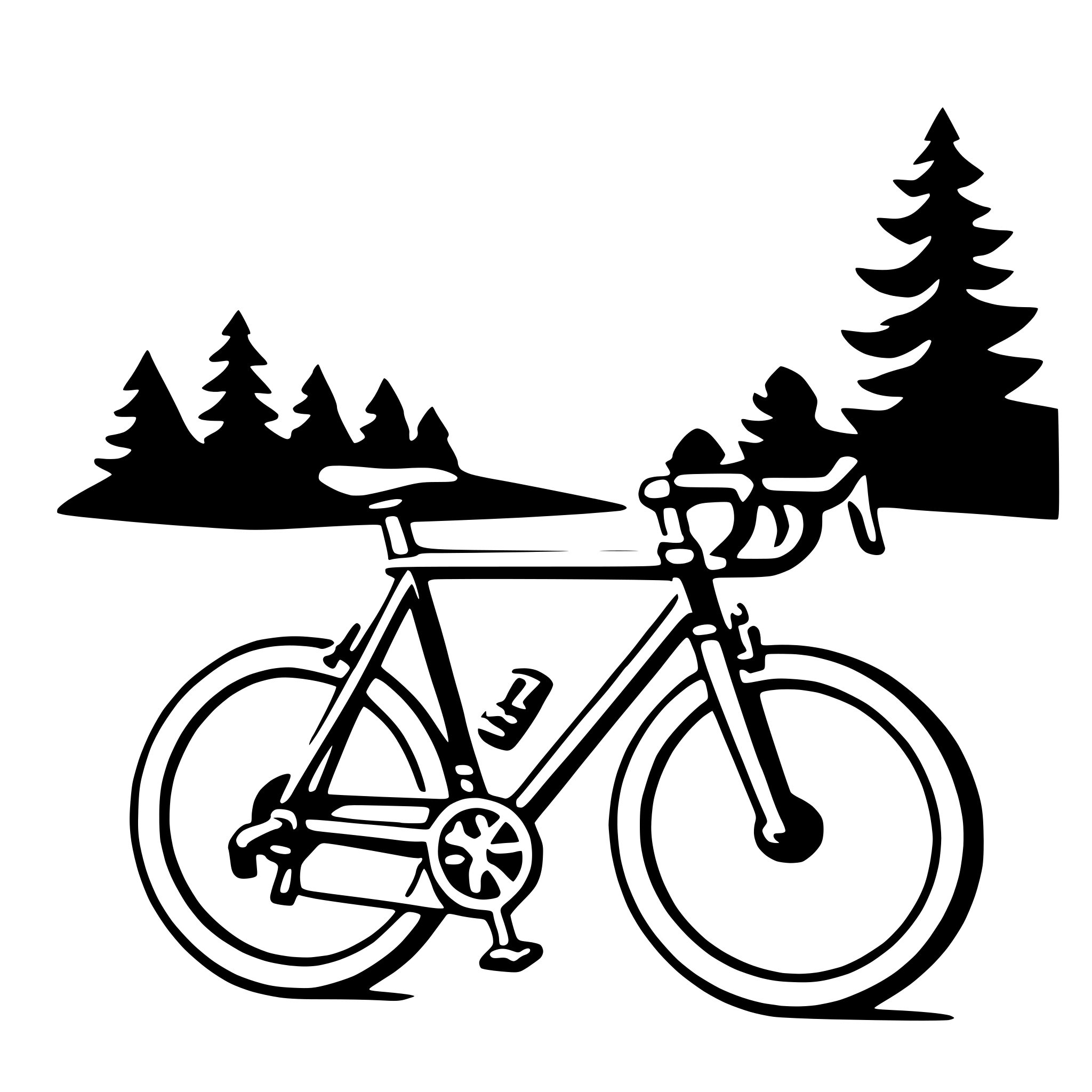The SVG depicts a stylized bicycle with a simplified design, featuring a single wheel, a seat, handlebars, and a chain. The bicycle is positioned on a flat surface, and in the background, there is a silhouette of a forest with trees and a path. The bicycle is oriented towards the right side of the SVG, suggesting movement in that direction. The overall style is minimalistic and uses negative space to create the SVG. 