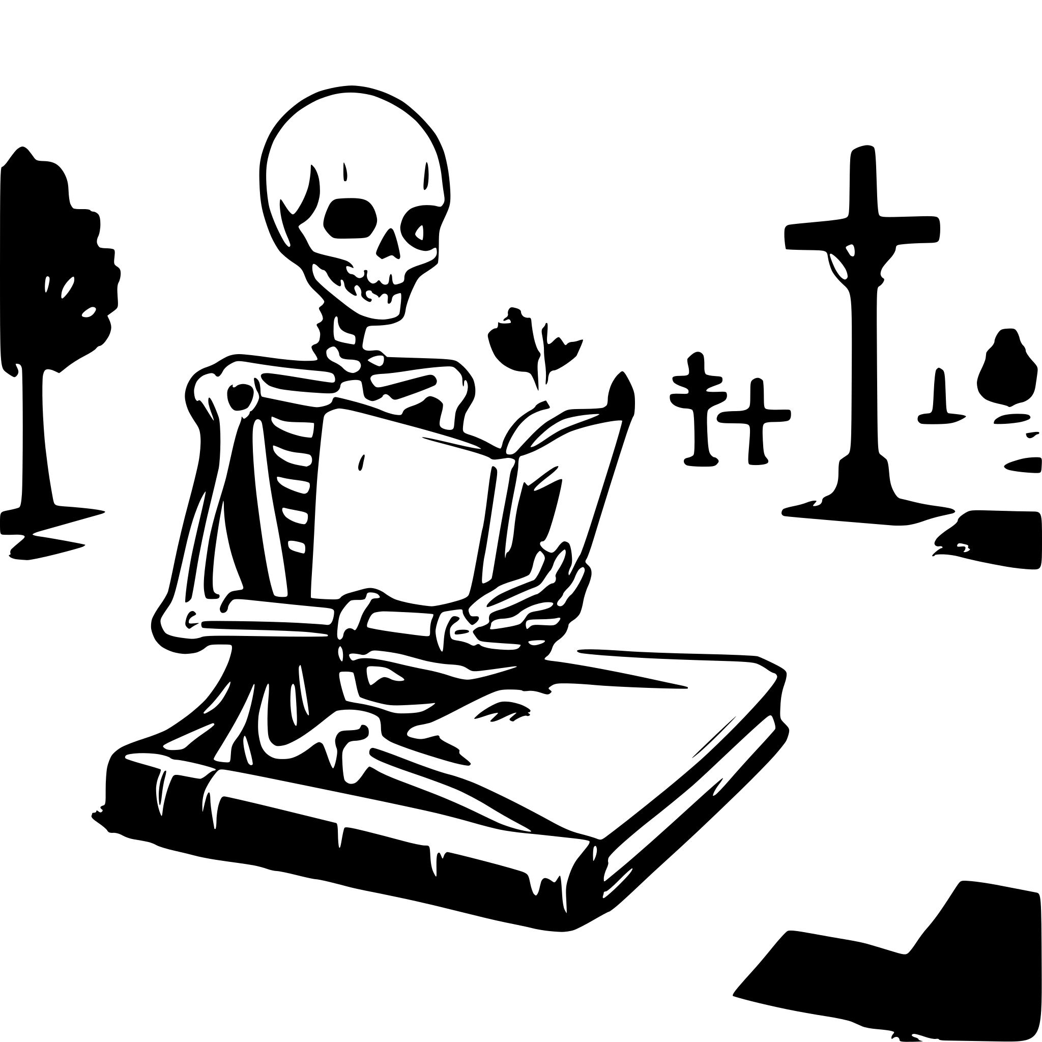 AI-generated SVG of a a skeleton on a cemetery reading a big book