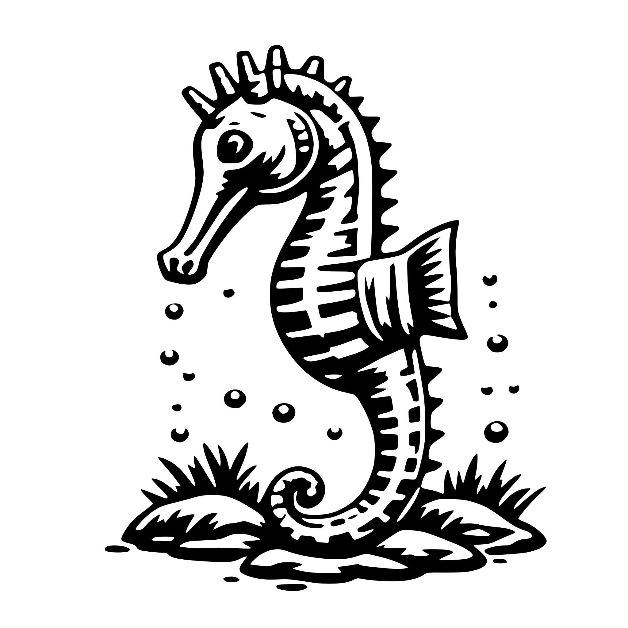 The SVG depicts a stylized, cartoon-like depiction of a seahorse. The seahorse is standing upright on a rock, with its tail wrapped around the rock. It has a prominent, spiky dorsal fin on its back and a long, curved tail. The seahorse is surrounded by small bubbles, suggesting movement or the presence of water. The background is plain white, which contrasts with the black line drawing of the seahorse and its surroundings. 