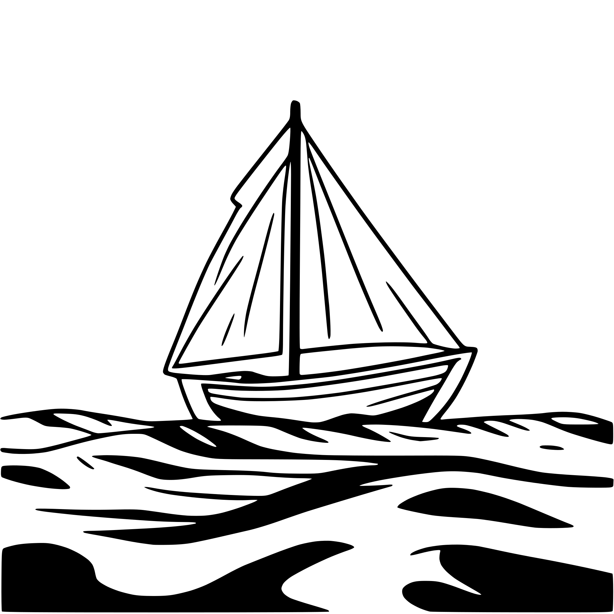 AI-generated SVG of a A sailboat floating on the sea with islands in the background and it is WINDY. The sailboat is moving from left to right. Simple line art. The sea has ROUGH waters.