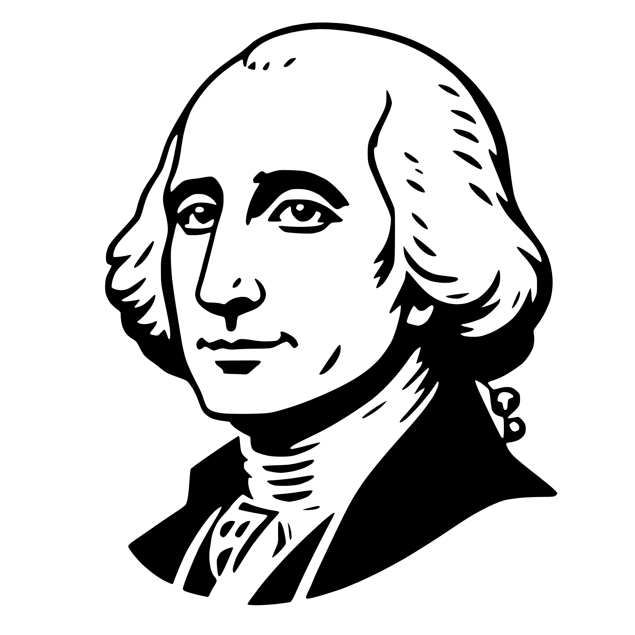 The SVG is a black and white vector illustration of a man's profile. The man appears to be a historical figure, possibly a president or a statesman, given the style of his attire and the overall composition. He is depicted with a serious expression, looking slightly to the right. The man is wearing a wig, which is a common style of hair covering from historical periods, and a coat with a collar, suggesting a formal or official attire. The illustration is simple and uses solid lines and shapes to define the features and clothing. There is no text or additional elements in the SVG. The style is reminiscent of classic portraiture, with a focus on the face and the contours of the clothing. 