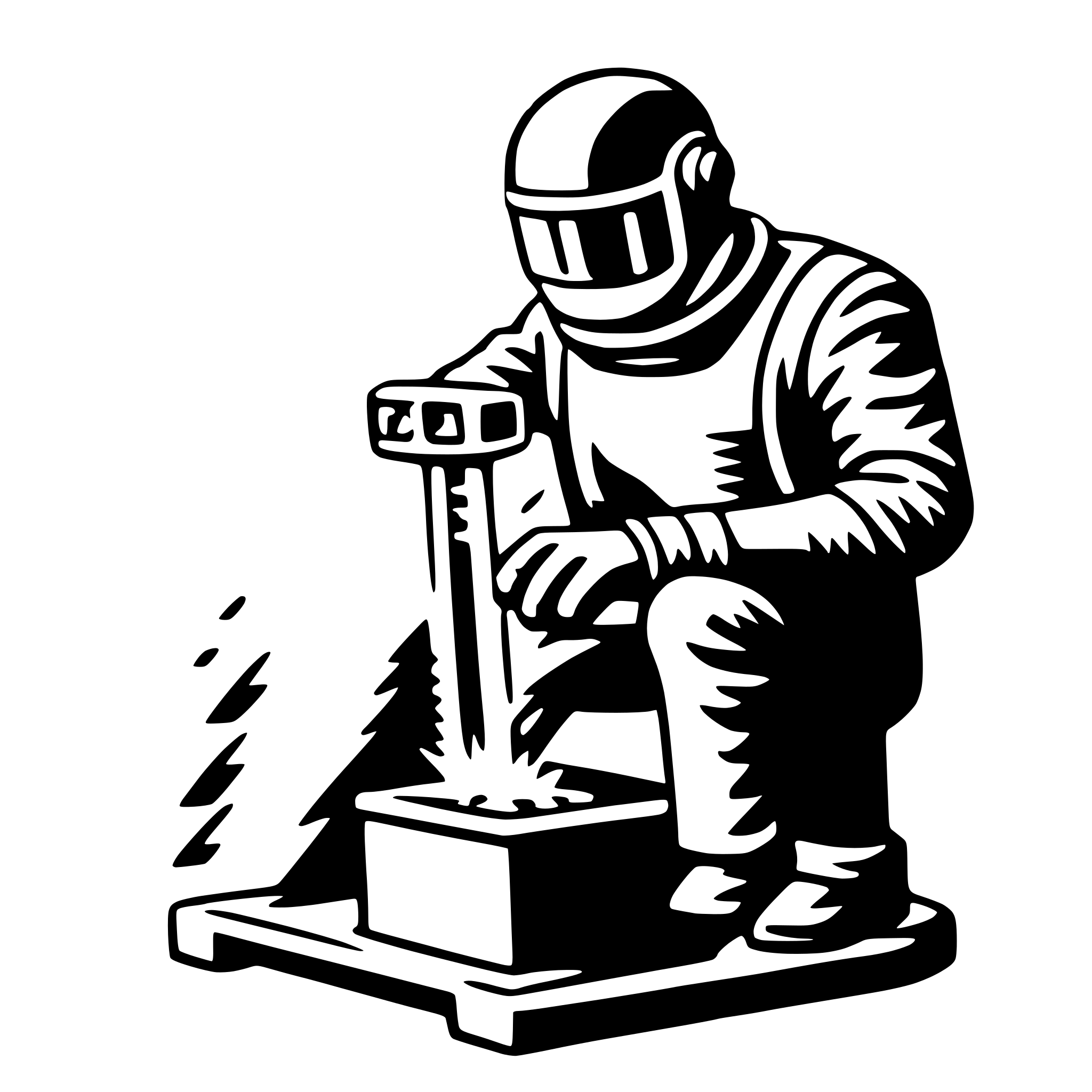 The SVG depicts a stylized illustration of an astronaut sitting on a platform with a drill. The astronaut is wearing a helmet and a suit with a life support system, and is holding a drill that is in contact with a block of material. The drill is emitting sparks, indicating that it is in operation. The astronaut appears to be focused on the task at hand. The platform is simple and functional, with a base that provides stability. The overall scene suggests a space exploration or extraterrestrial setting. 