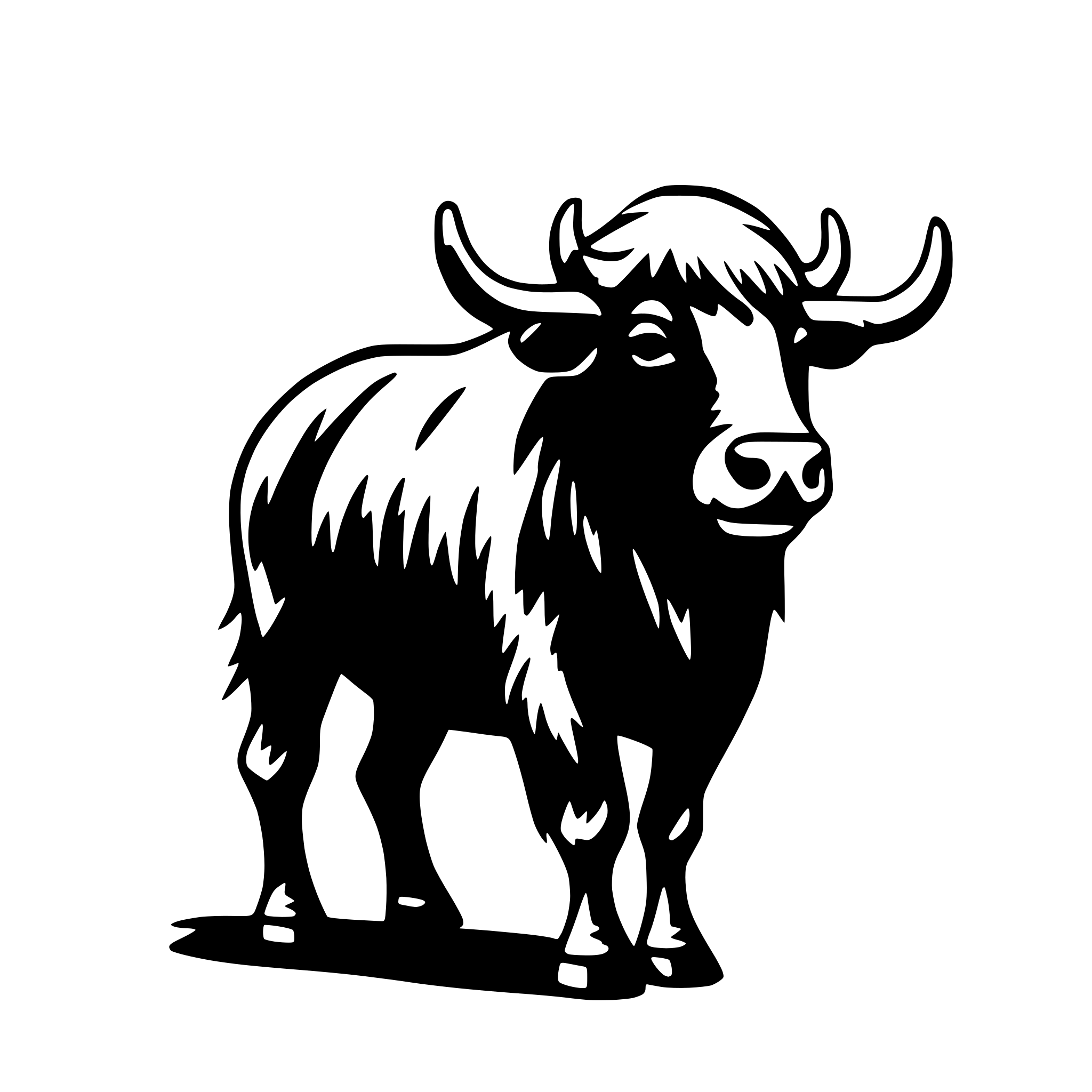 The SVG shows a stylized black and white illustration of a bull. The bull is depicted with a prominent set of curved horns, a large head with a visible nose and mouth, and a muscular body with a hump on its back. The bull is standing on all fours, with its front legs slightly forward and its hind legs positioned behind. The tail is visible and extends downwards. The SVG has a simple, graphic quality, with no additional text or elements. The bull is the central figure in the SVG, and there is no interaction with other objects as it is the sole focus of the illustration. 