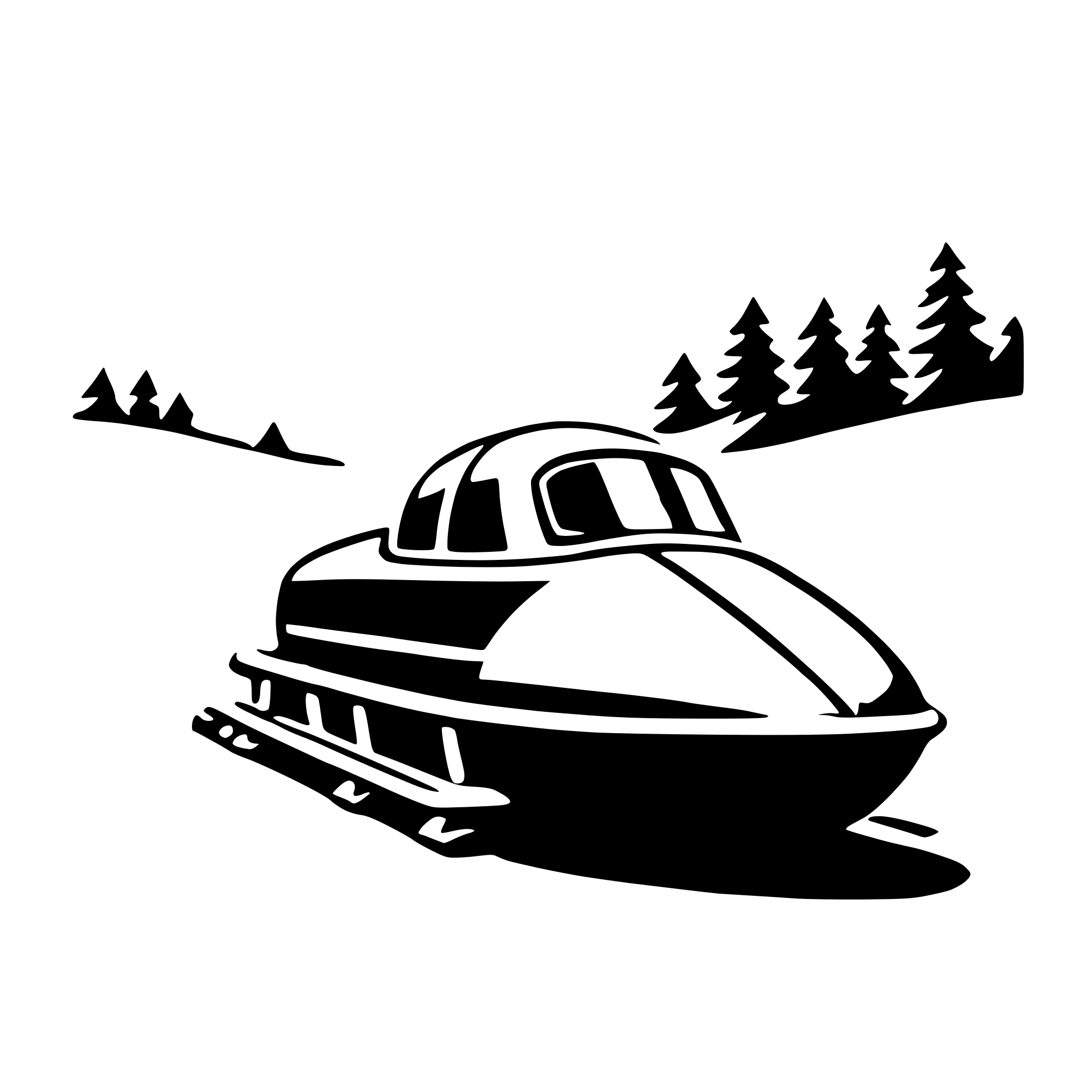 The SVG depicts a stylized train on tracks, with a simplistic landscape in the background. The train is designed with a rounded front and a flat roof, giving it a modern, streamlined appearance. The landscape includes a few trees and a hill, suggesting a rural or semi-rural setting. The train is positioned on the tracks, which are depicted as a simple, straight line. The overall style is minimalistic and graphic, with no shading or textures, relying on solid lines and flat colors to convey the scene. 