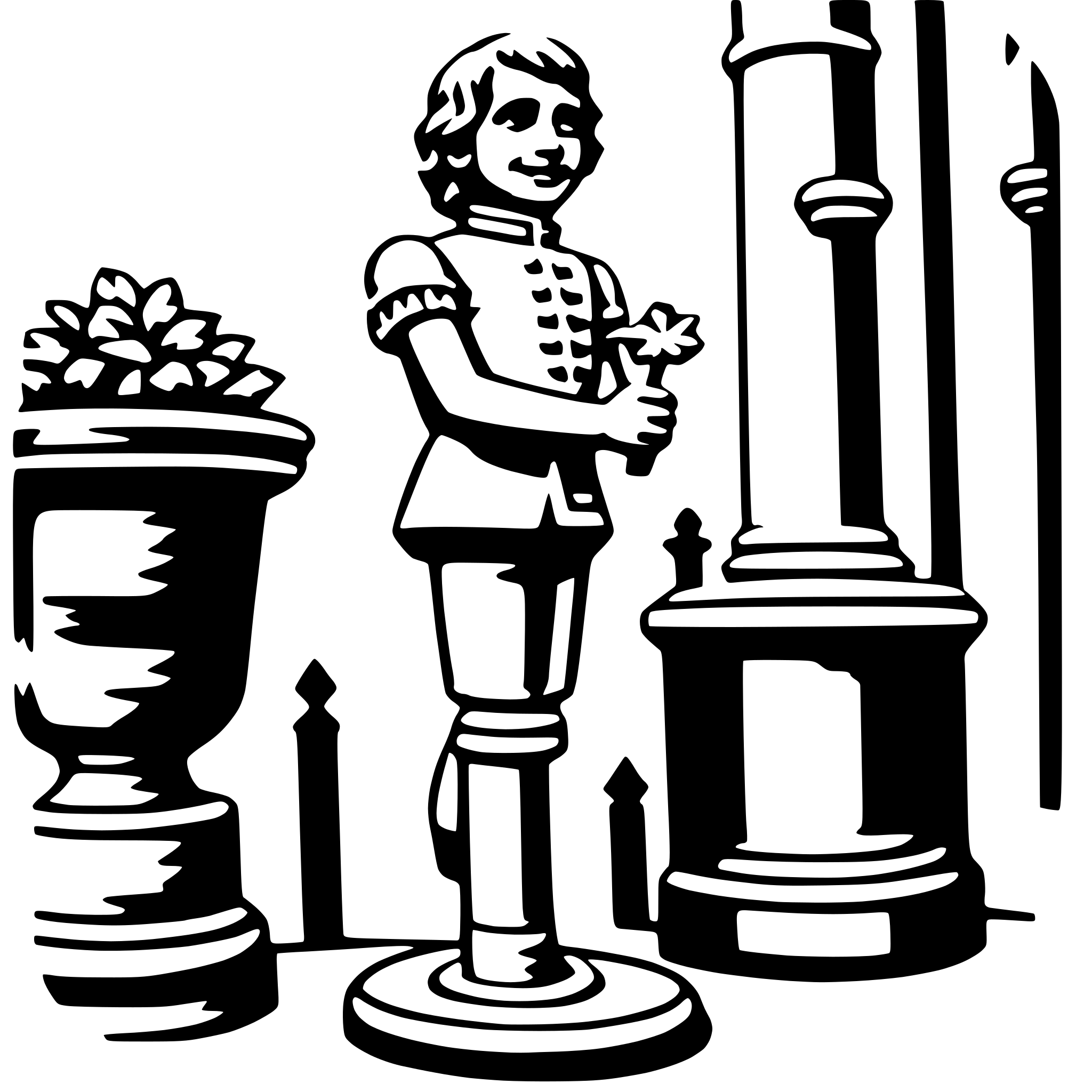 The SVG features a stylized, cartoon-like depiction of a young boy standing in front of two large potted plants. The boy is holding a small flower in his right hand and appears to be smiling. He is dressed in a historical-looking outfit with a high collar and a buttoned front, suggesting a style from the 18th or 19th century. The plants are ornate, with intricate details and what appear to be flowers or blossoms. The boy is positioned between the two plants, which are placed on either side of him, creating a symmetrical arrangement. The background is minimal, with a simple outline of a building or structure behind the boy, which is also stylized and does not provide specific details. The overall style of the SVG is reminiscent of a children's book illustration. 