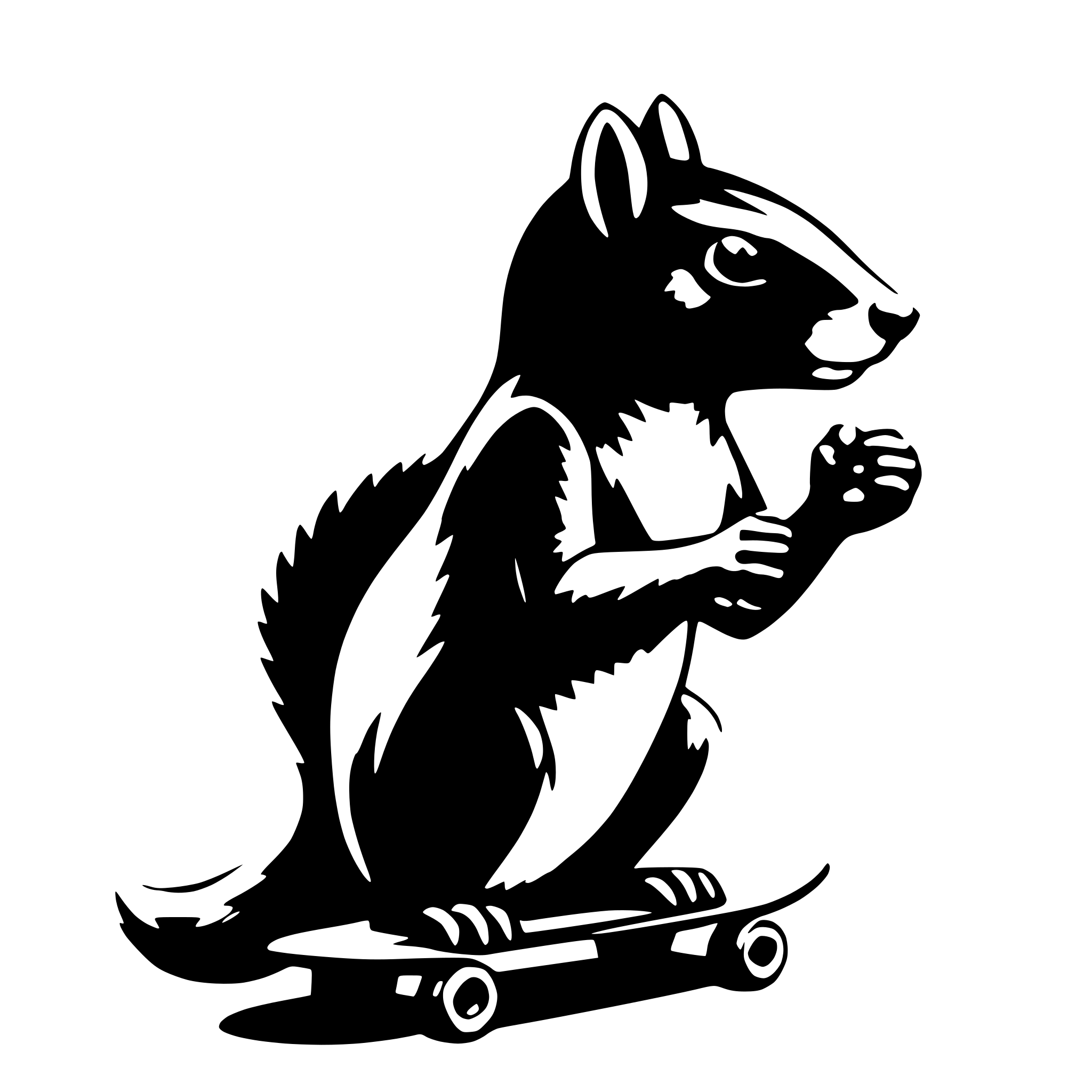 AI-generated SVG of 'A 2D side-view of a bold, solid black squirrel on a skateboard. The squirrel has a strong silhouette, holding a small gun. Designed for a game, with a striking, shadow-like appearance'