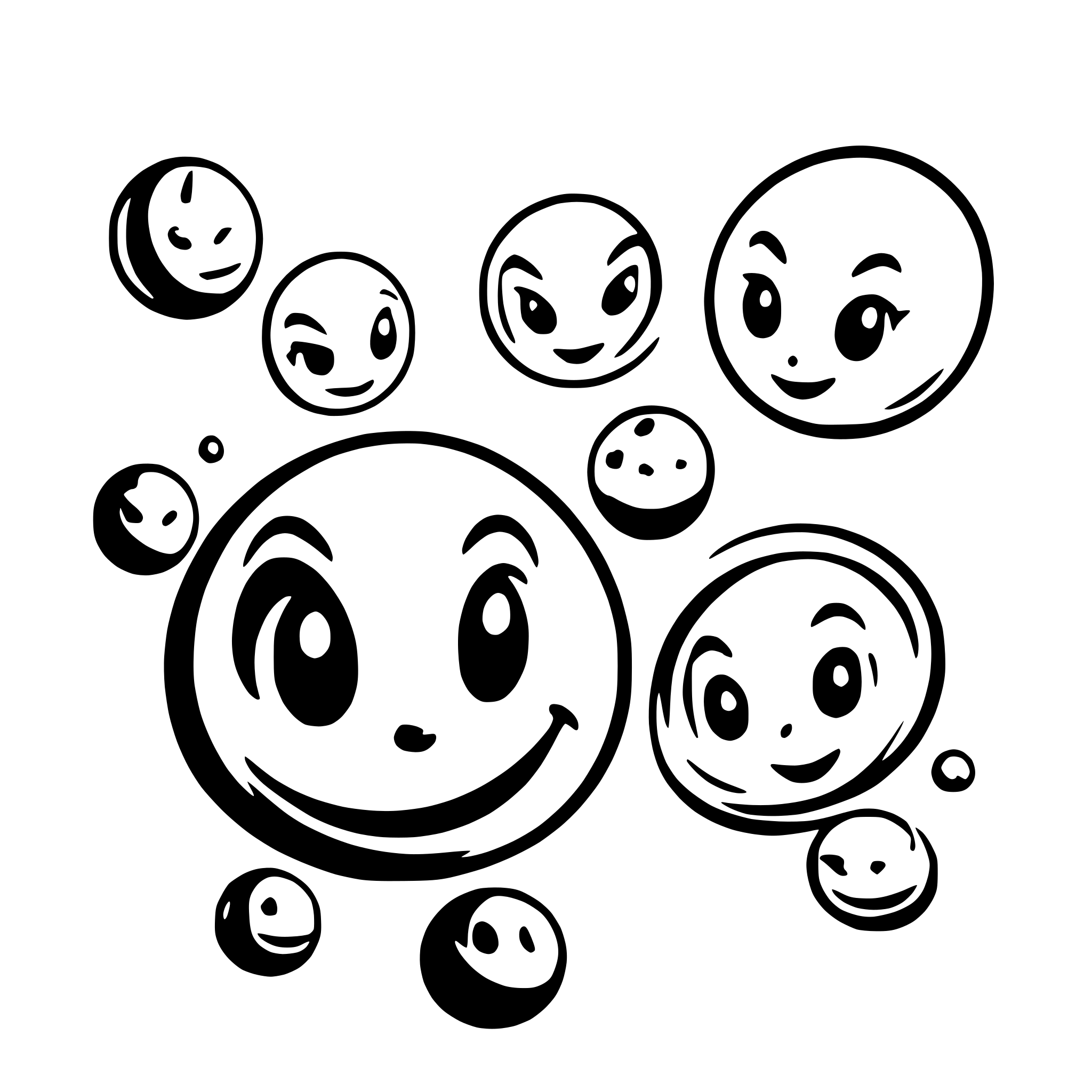 AI-generated SVG of a a group of happy planets in space
