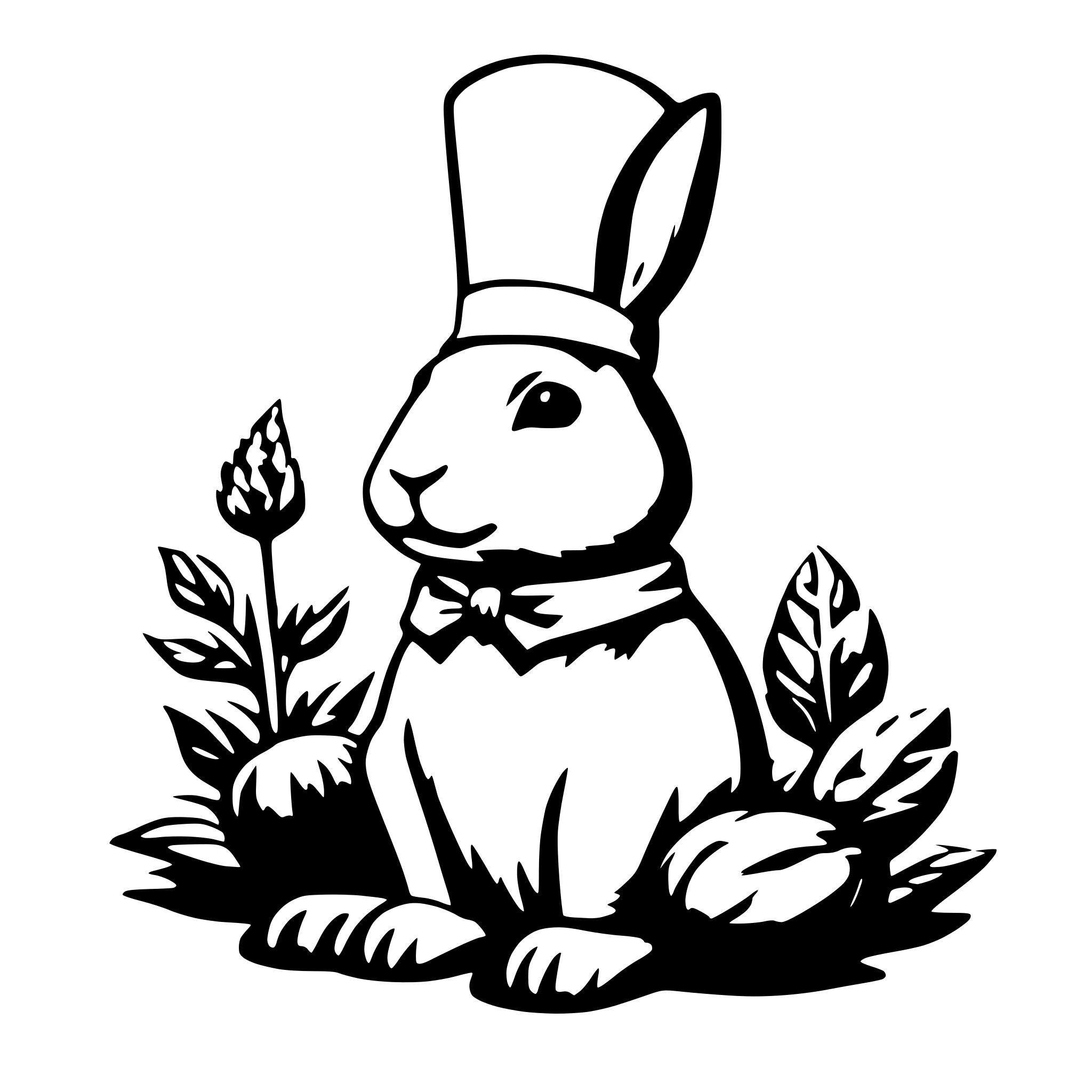 AI-generated SVG of 'stylized rabbit with a chef hat. Sideway, only head, with vegetables on its side.'