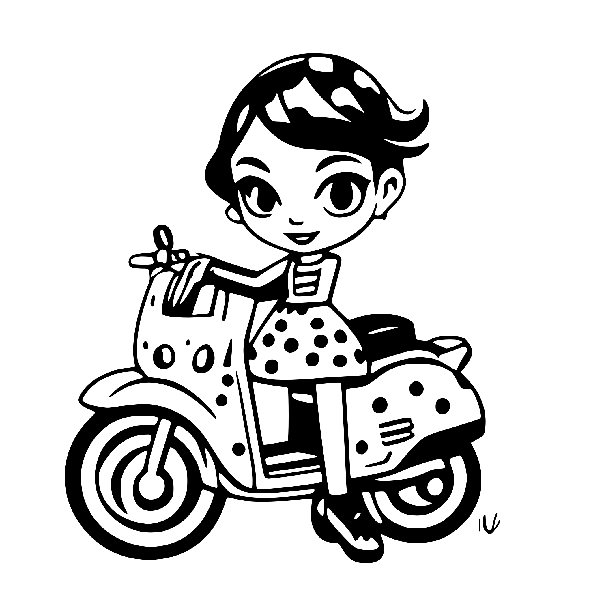 AI-generated SVG of 'Girl on a vespa scooter with short dark hair and a polka dot dress'