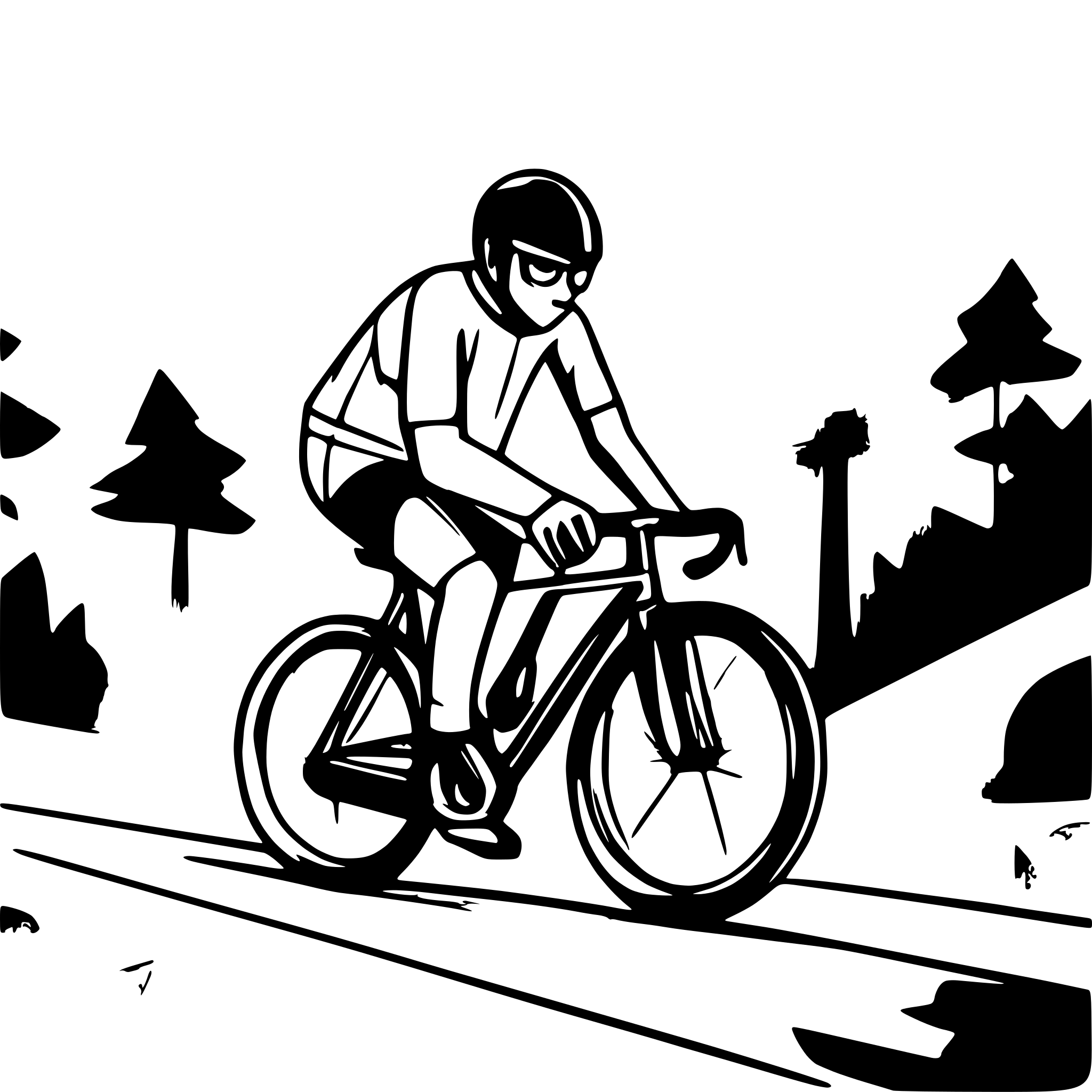 AI-generated SVG of a create me a lineart of a cyclist on his race cycle driving through a forrest uphill in a bird eye view