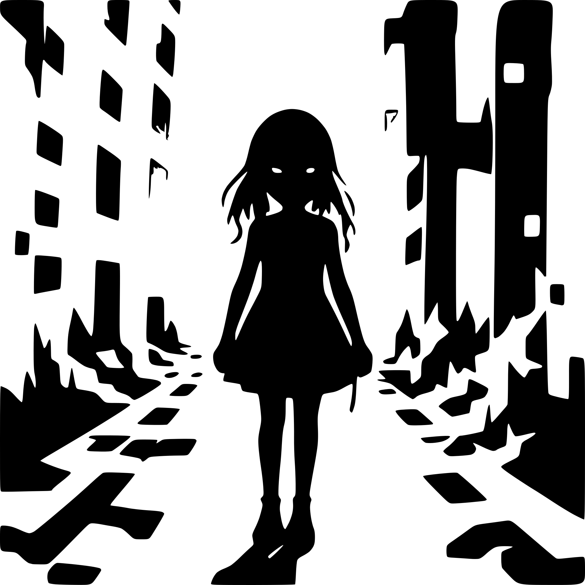 AI-generated SVG of a a creepy girl floating in a destroyed city laneway silhouette AI-generated SVG of a a creepy girl floating in a destroyed city laneway silhouette