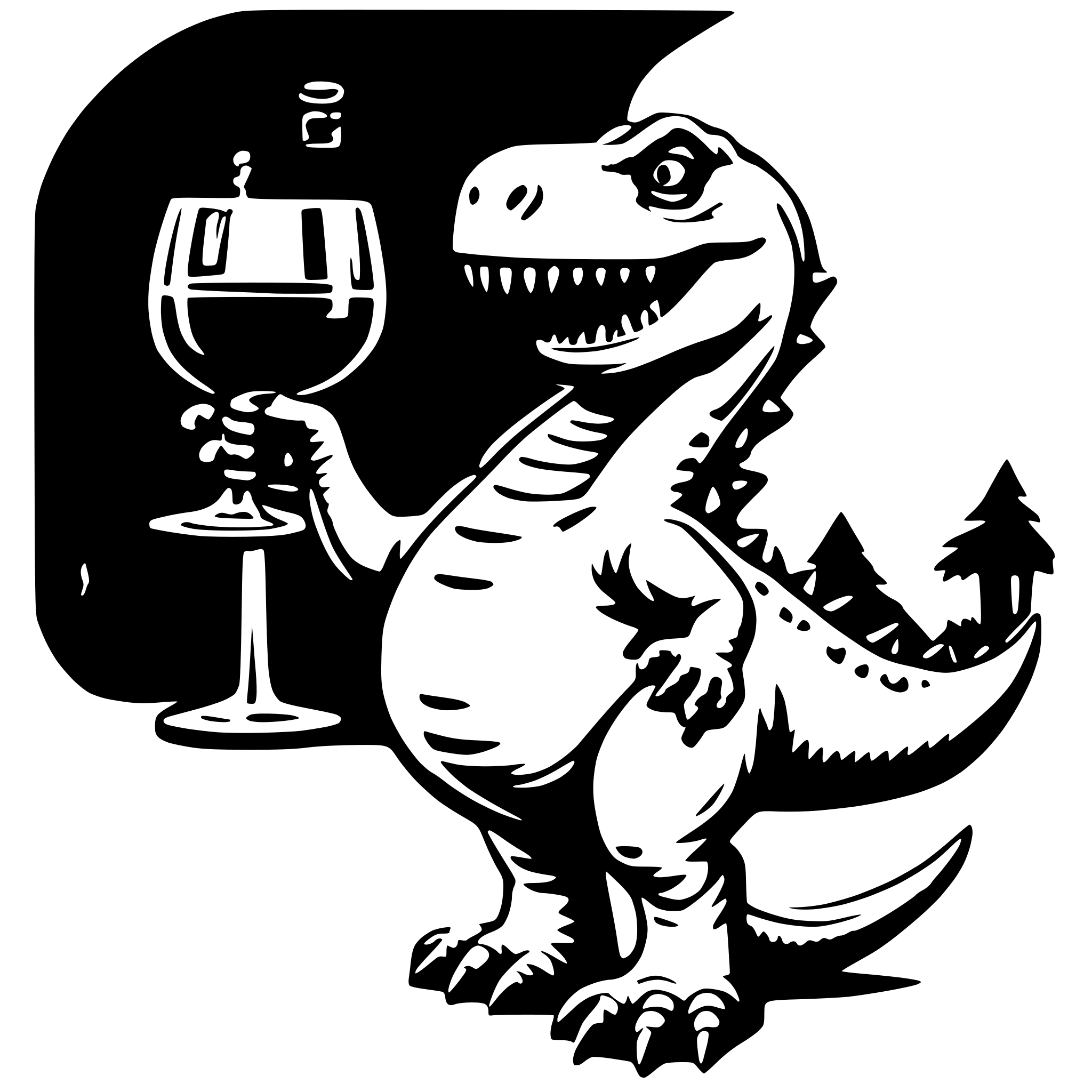 AI-generated SVG of a dinosaur with a glss of wine in the hand