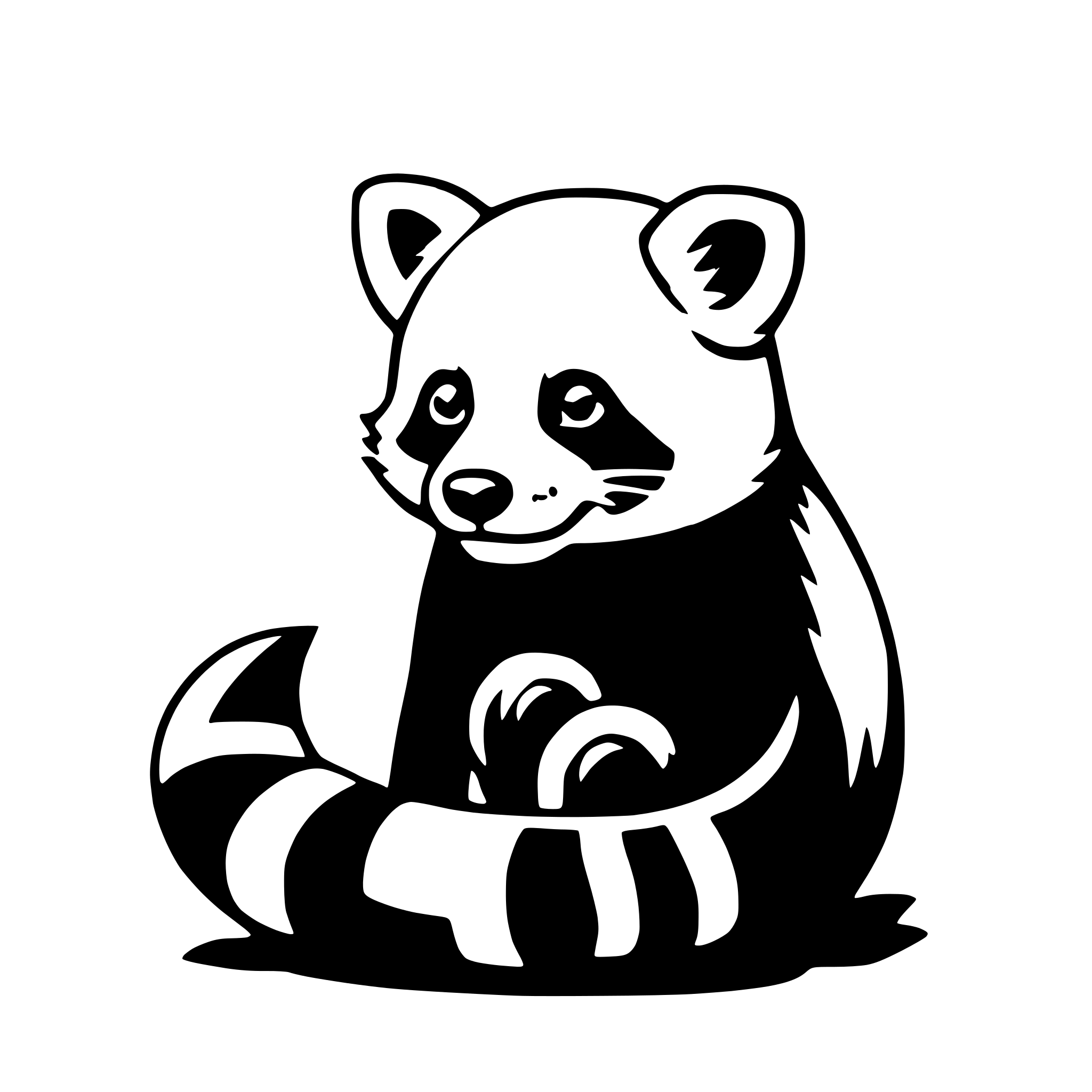 The SVG depicts a stylized, cartoon-like depiction of a raccoon. The raccoon is sitting upright with its tail curled around its body. It has a round head with two pointed ears, and its eyes are large and round, with a small black dot for the pupil. The raccoon's body is black with white stripes running down its back and tail. The SVG is simple and uses solid colors without any shading or gradients, giving it a flat design appearance. 