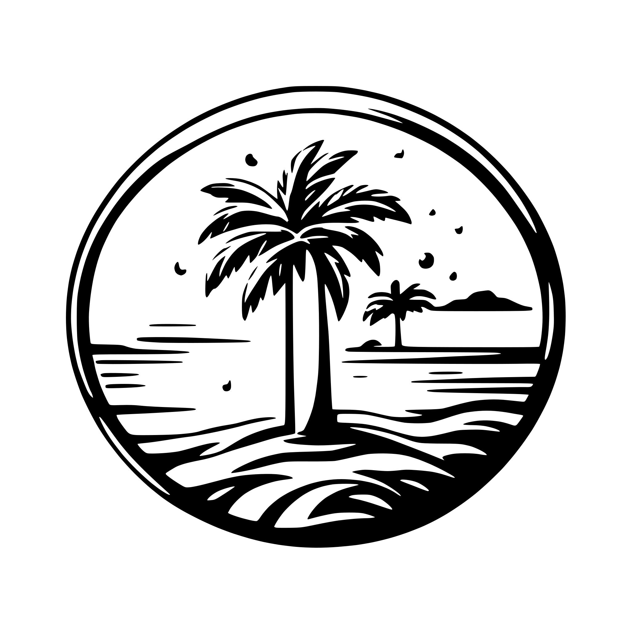 AI-generated SVG of a Vibrant beach scene with silhouetted palm tree and sun on small island
