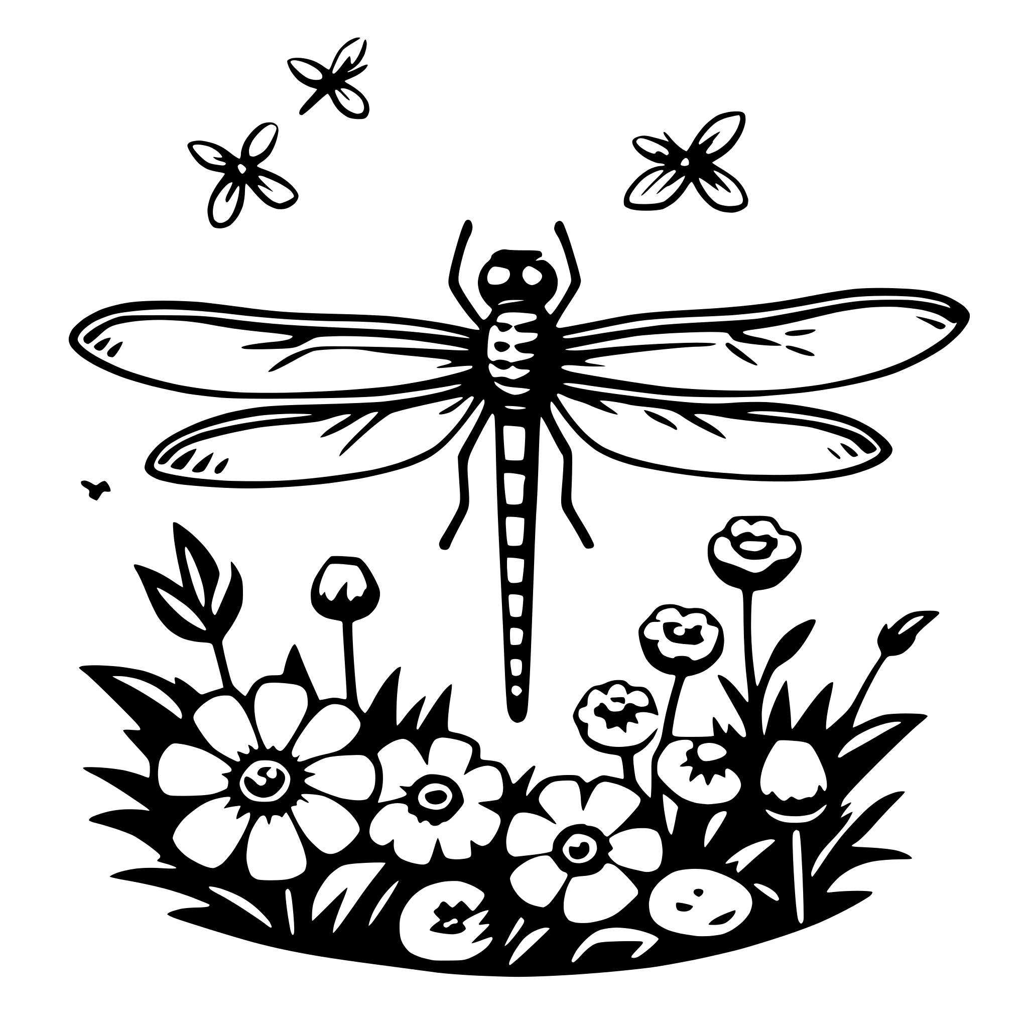 AI-generated SVG of 'dragonfly and flowers'