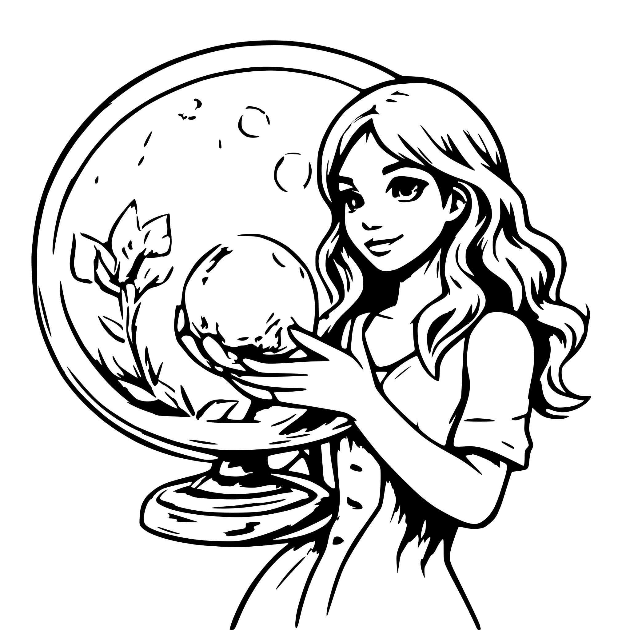 AI-generated SVG of a Mermaid spinning a magical orb with light in her hands. No background, only character outlines.
